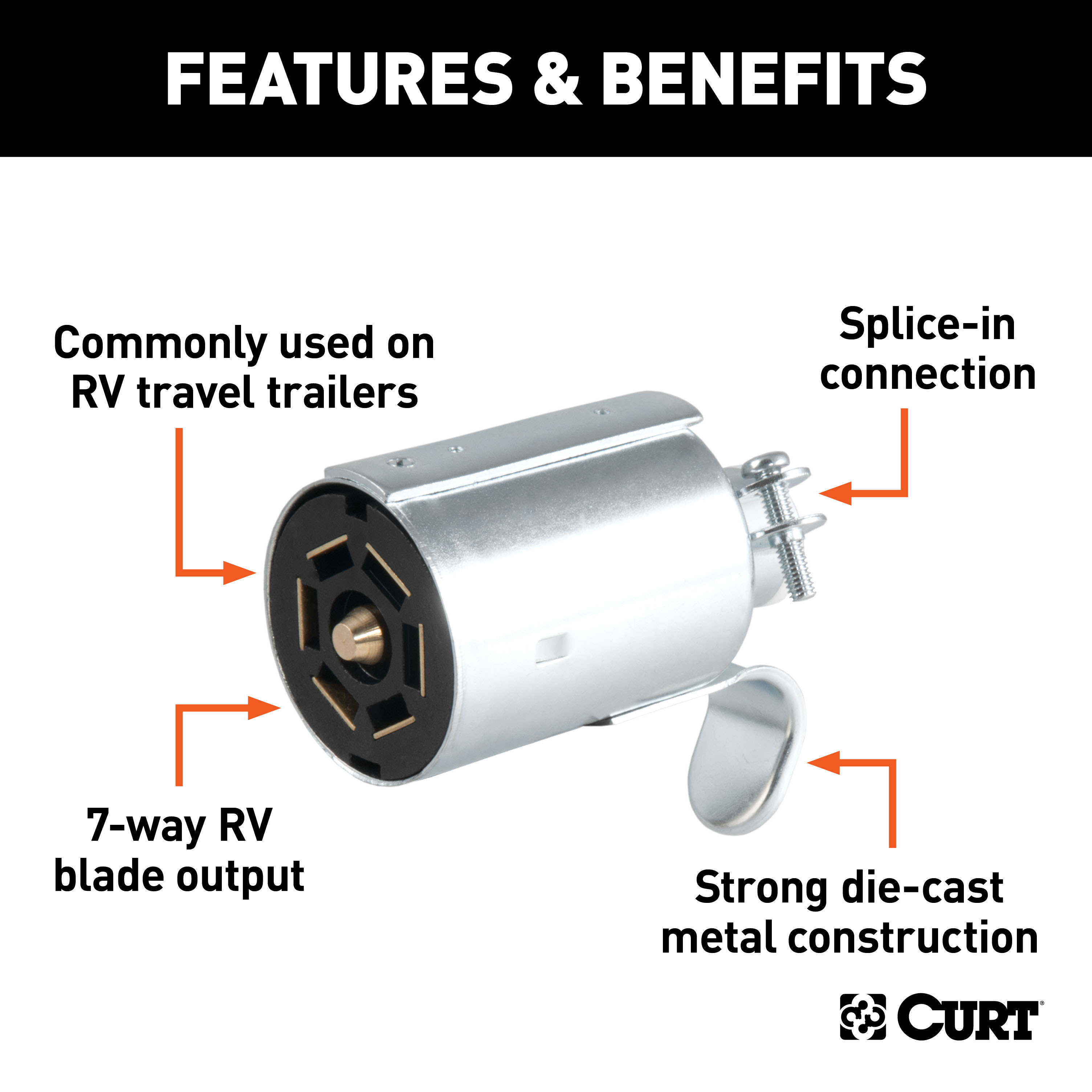 CURT 7-Way RV Blade Connector Plug (Trailer Side, Diecast Metal) Trailer Connector Kit thumbnail 1