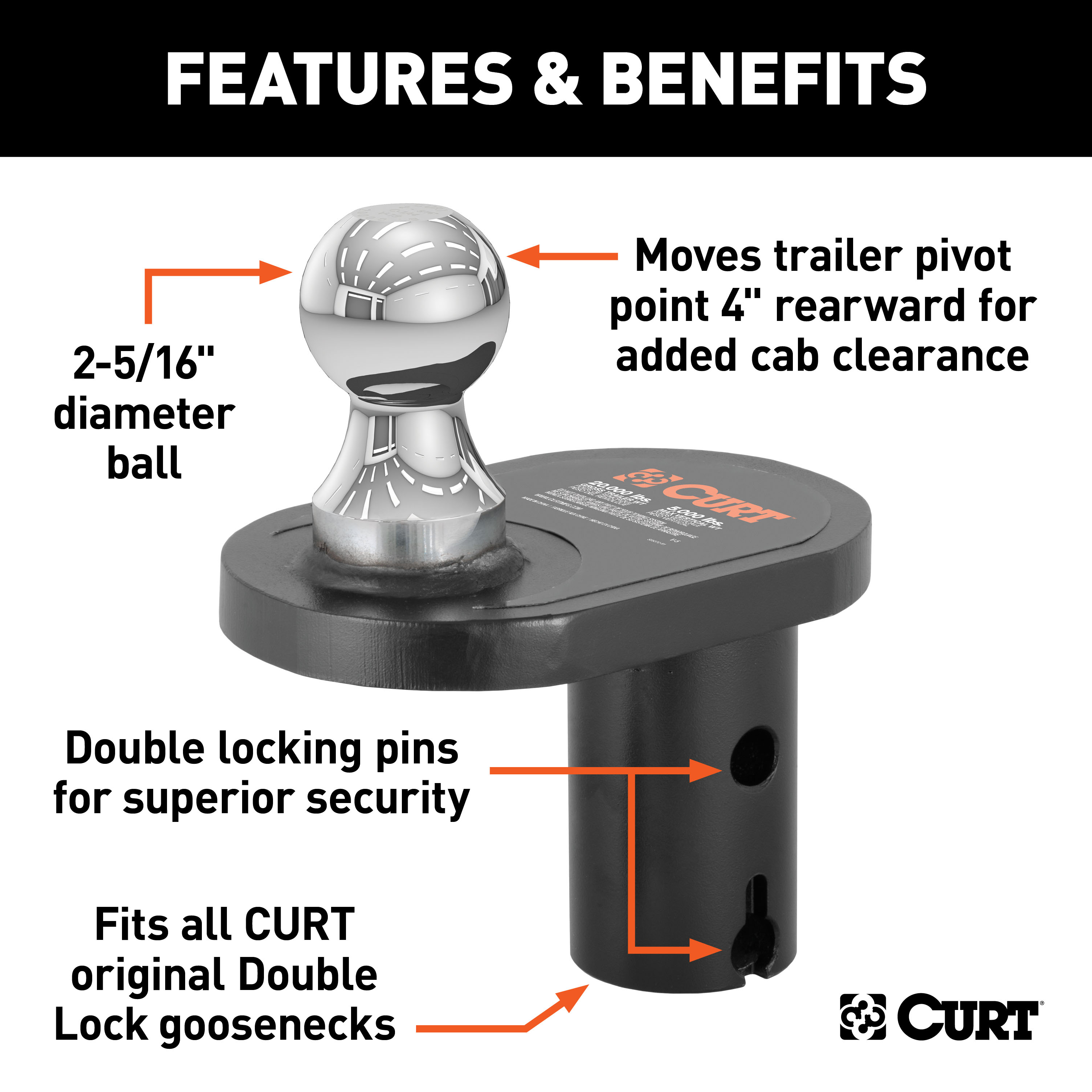 CURT Double Lock 2-5/16" Offset Gooseneck Ball (4" Rearward Offset) Gooseneck Trailer Hitch Ball thumbnail 1