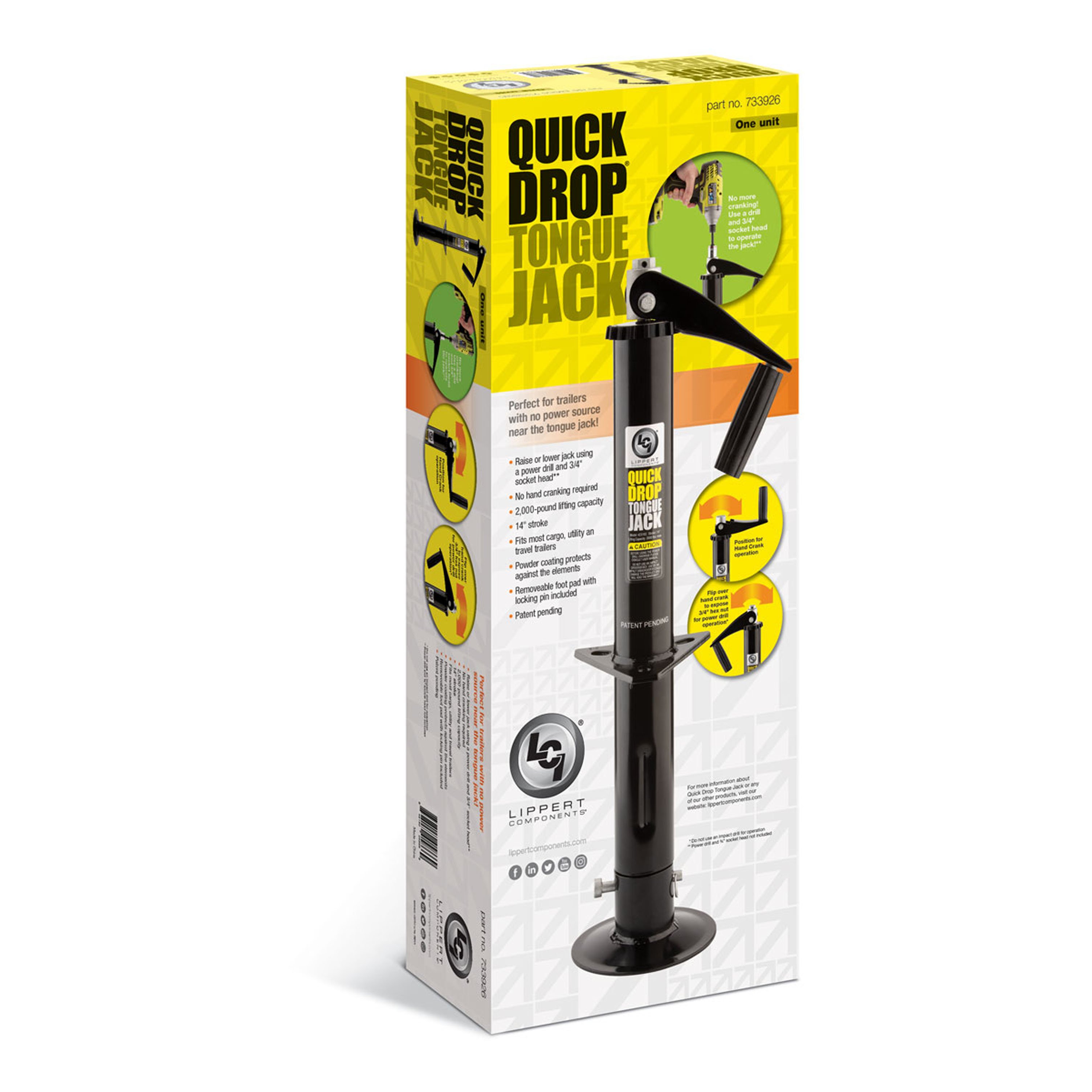 Lippert Lippert Quick Drop Drill-Operated Tongue Jack, 2,000 lbs, 14" Travel 733926 thumbnail 7