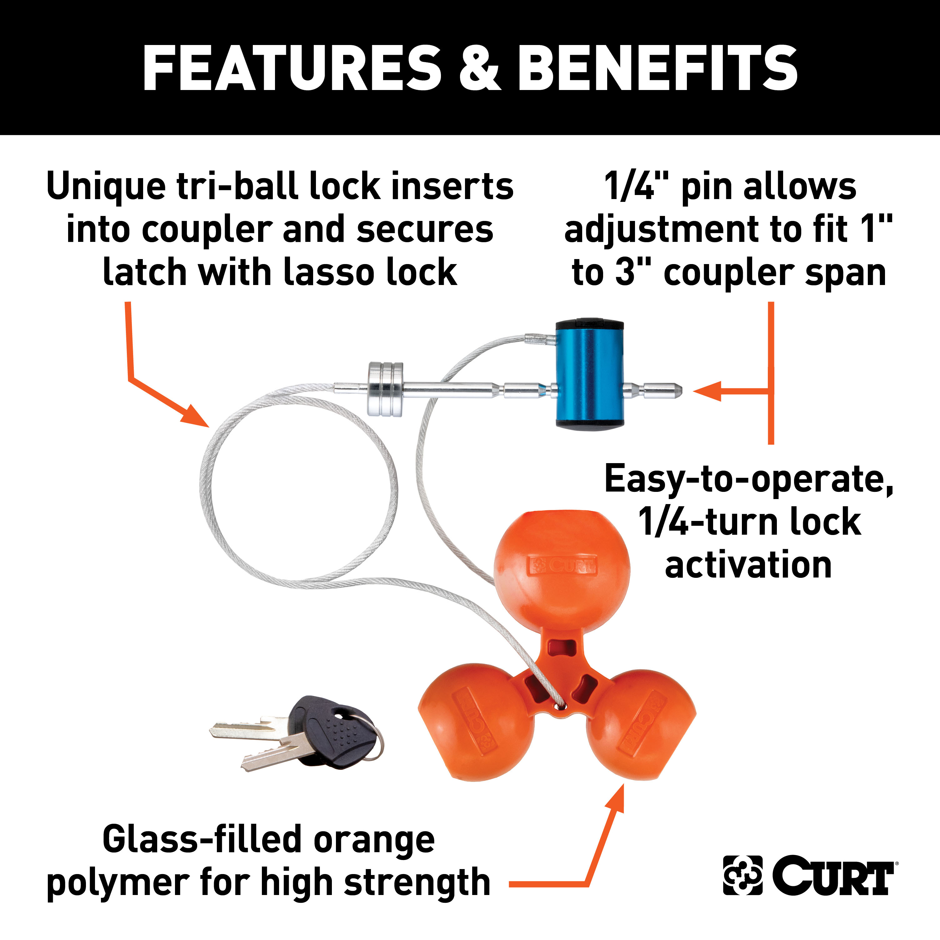 CURT Universal Tri-Ball Trailer Coupler Lock, Fits 1-7/8", 2", 2-5/16" Trailer Hitch Coupler Lock thumbnail 1
