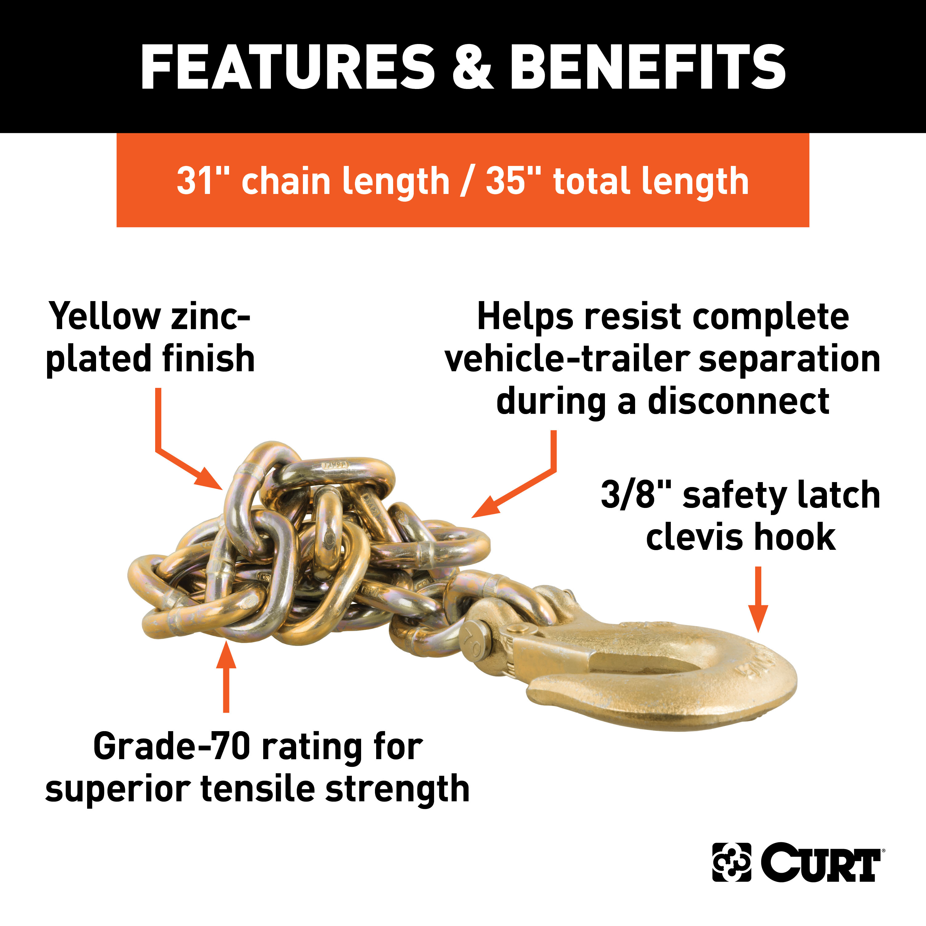 CURT 35" Safety Chain with 1 Clevis Hook (24,000 lbs, Yellow Zinc) Trailer Hitch thumbnail 3