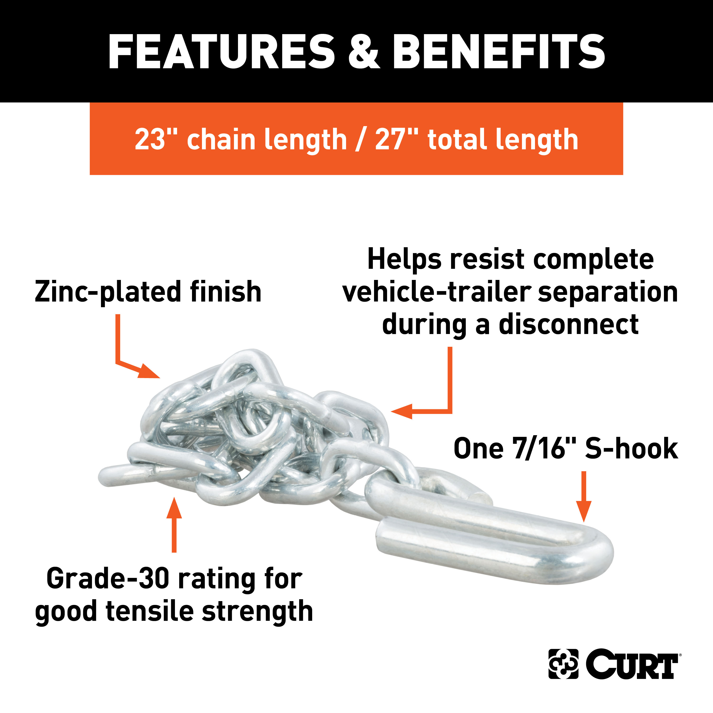 CURT 27" Safety Chain with 1 S-Hook (5,000 lbs, Clear Zinc) Trailer Hitch thumbnail 3