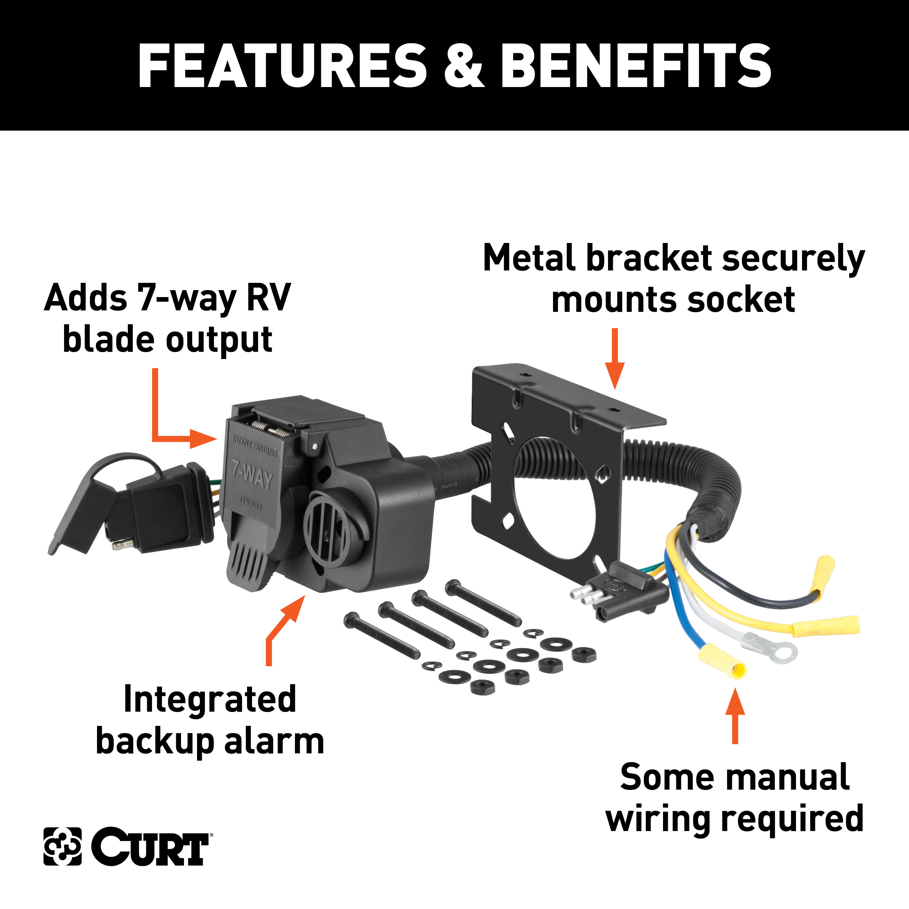 CURT Dual-Output Adapter with Backup Alarm (4-Way Flat to 7-Way RV Blade Trailer) Trailer Wiring Adapter Connector thumbnail 1