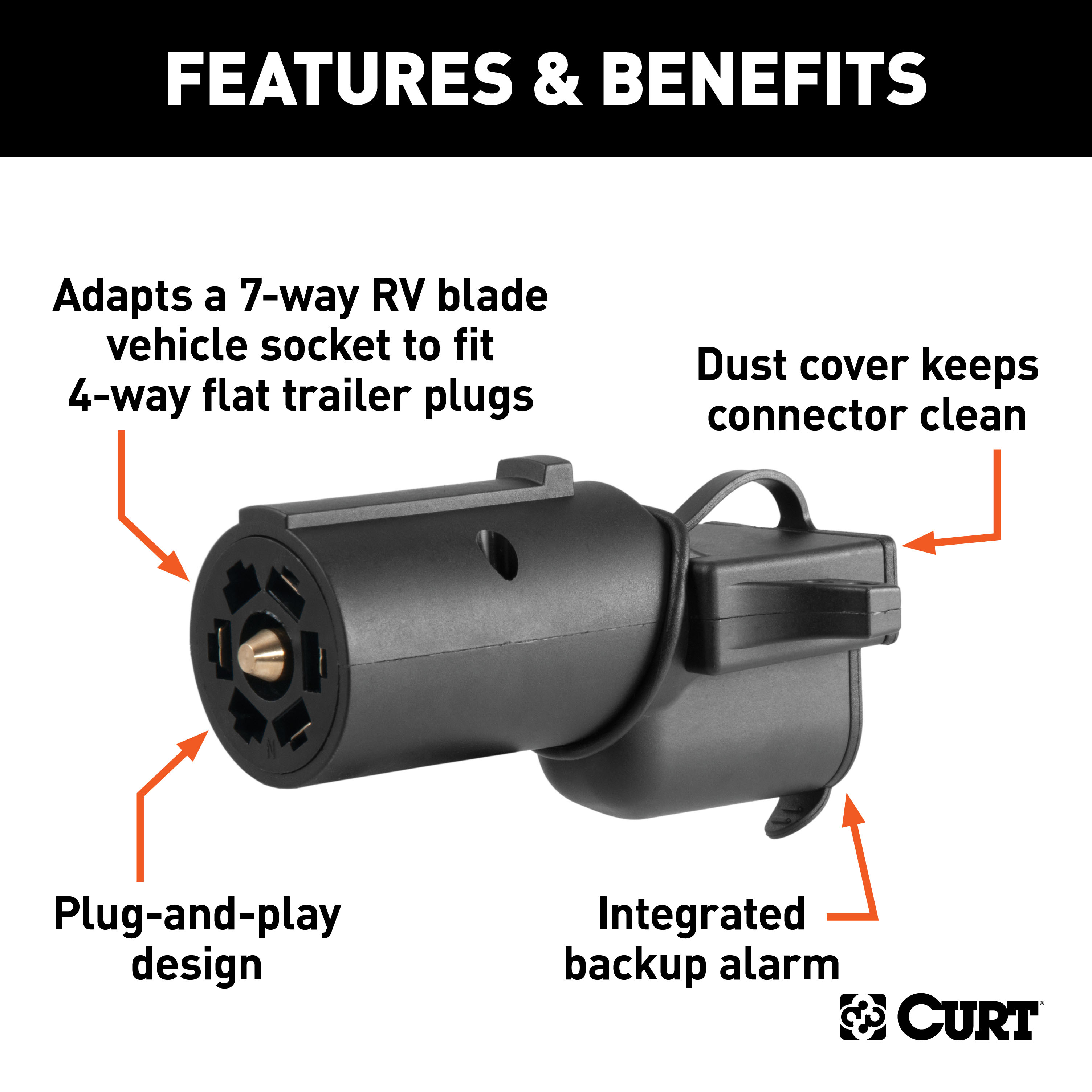 CURT Adapter with Backup Alarm (7-Way RV Blade Vehicle to 4-Way Flat Trailer) Trailer Wiring Adapter Connector thumbnail 1