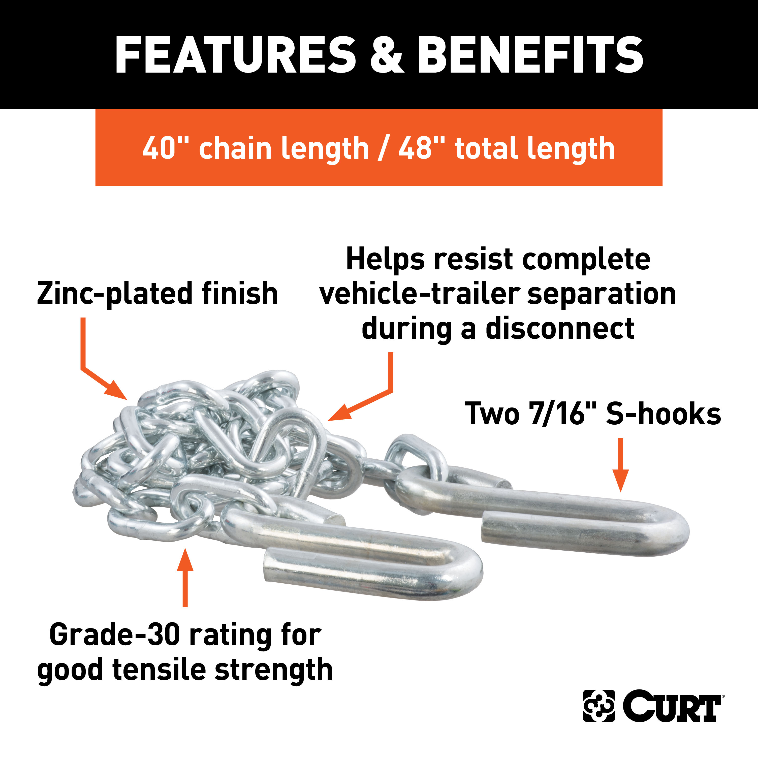 CURT 48" Safety Chain with 2 S-Hooks (5,000 lbs, Clear Zinc) Trailer Hitch thumbnail 3