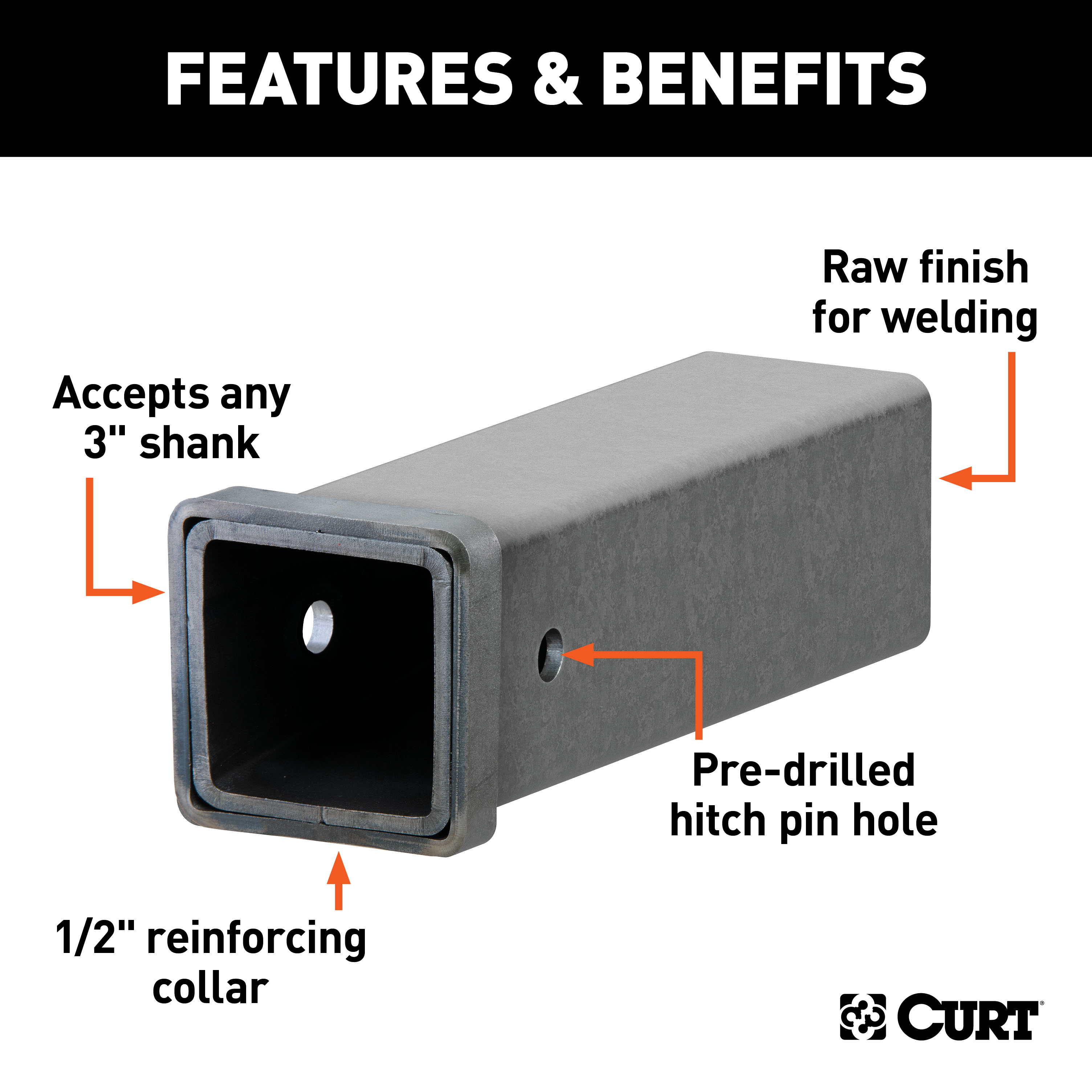 CURT 49517 3 x 12-Inch Weld-On Raw Steel Trailer Hitch Receiver Tube, 5/8-In Pin Hole thumbnail 1
