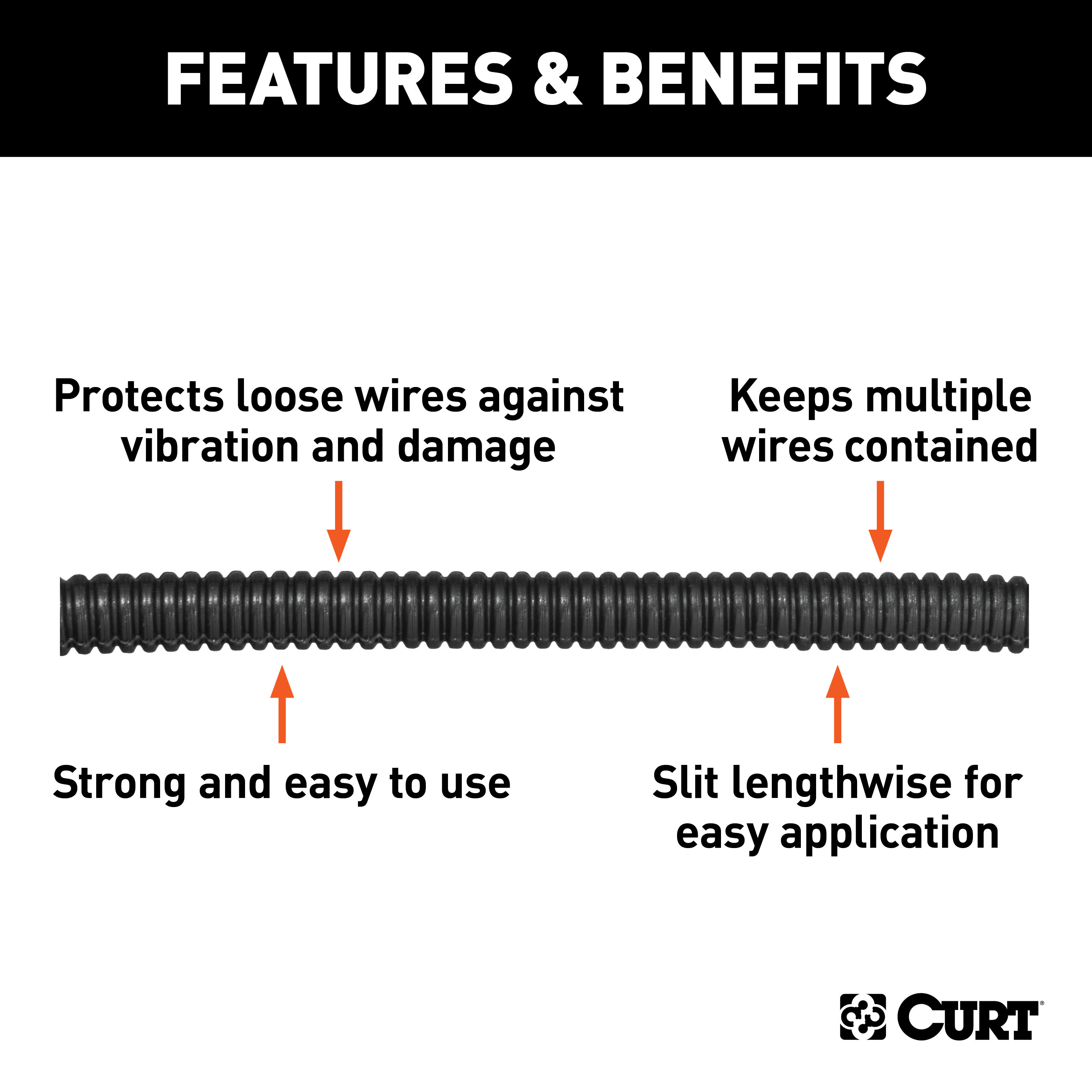 CURT 58823 1/4-Inch Black Plastic Automotive Trailer Wire Protection Sleeve Wrap (1-Foot Increments) thumbnail 1