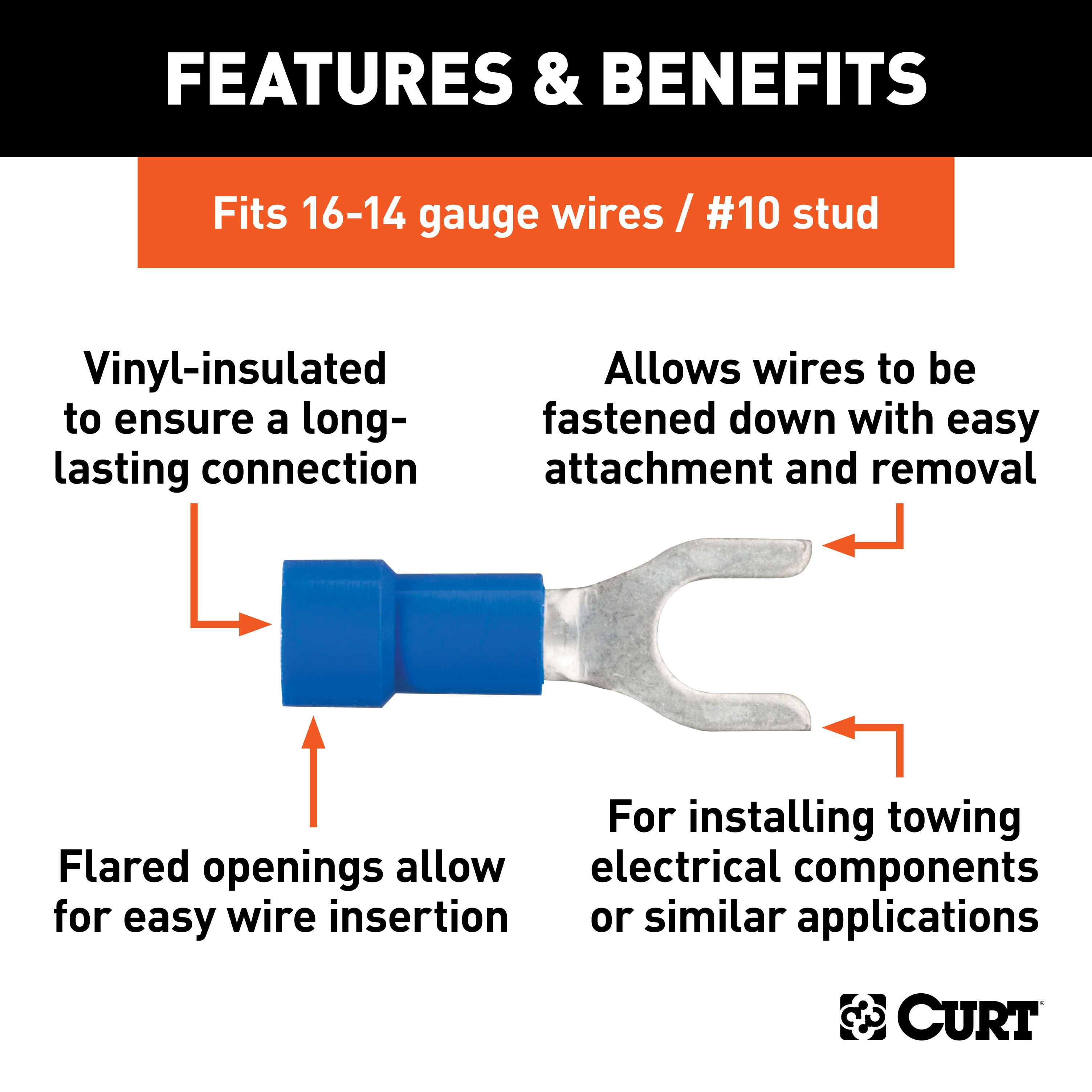 CURT 59621 16-14 Gauge Blue Vinyl-Insulated Spade Terminal Connectors, #10 Stud, 100-Pack thumbnail 1