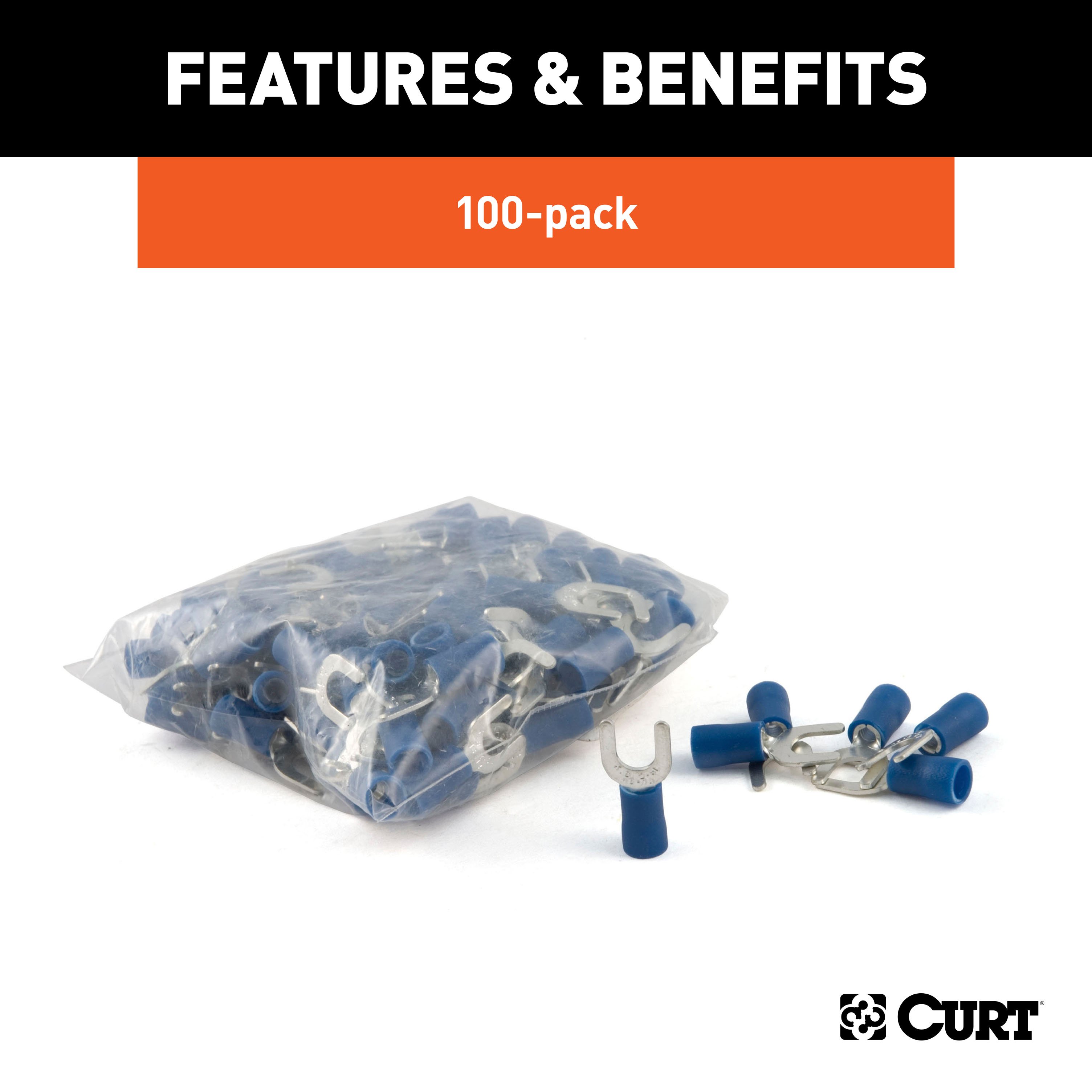 CURT 59621 16-14 Gauge Blue Vinyl-Insulated Spade Terminal Connectors, #10 Stud, 100-Pack thumbnail 2