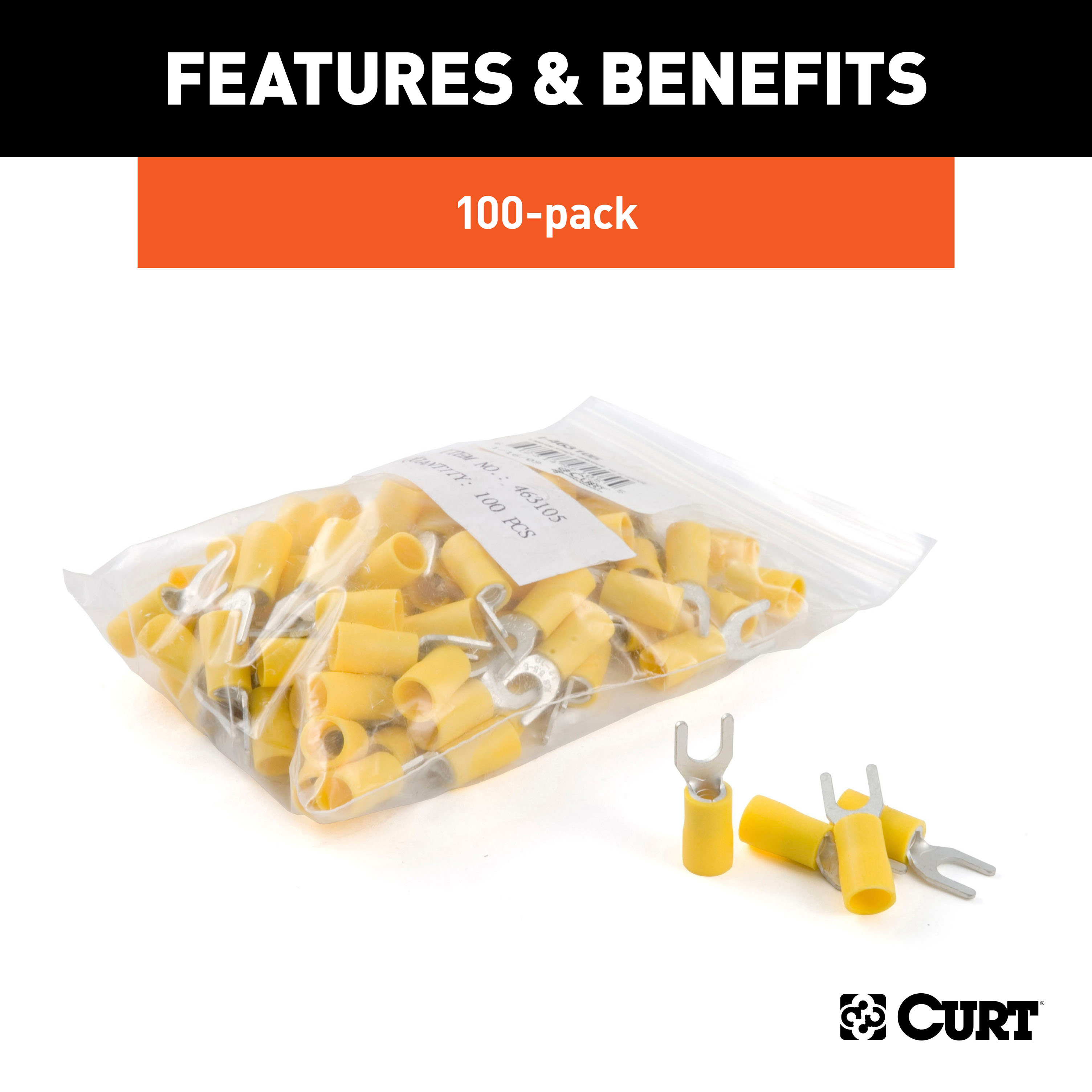 CURT 59631 12-10 Gauge Yellow Vinyl-Insulated Spade Terminal Connectors, #10 Stud, 100-Pack thumbnail 2