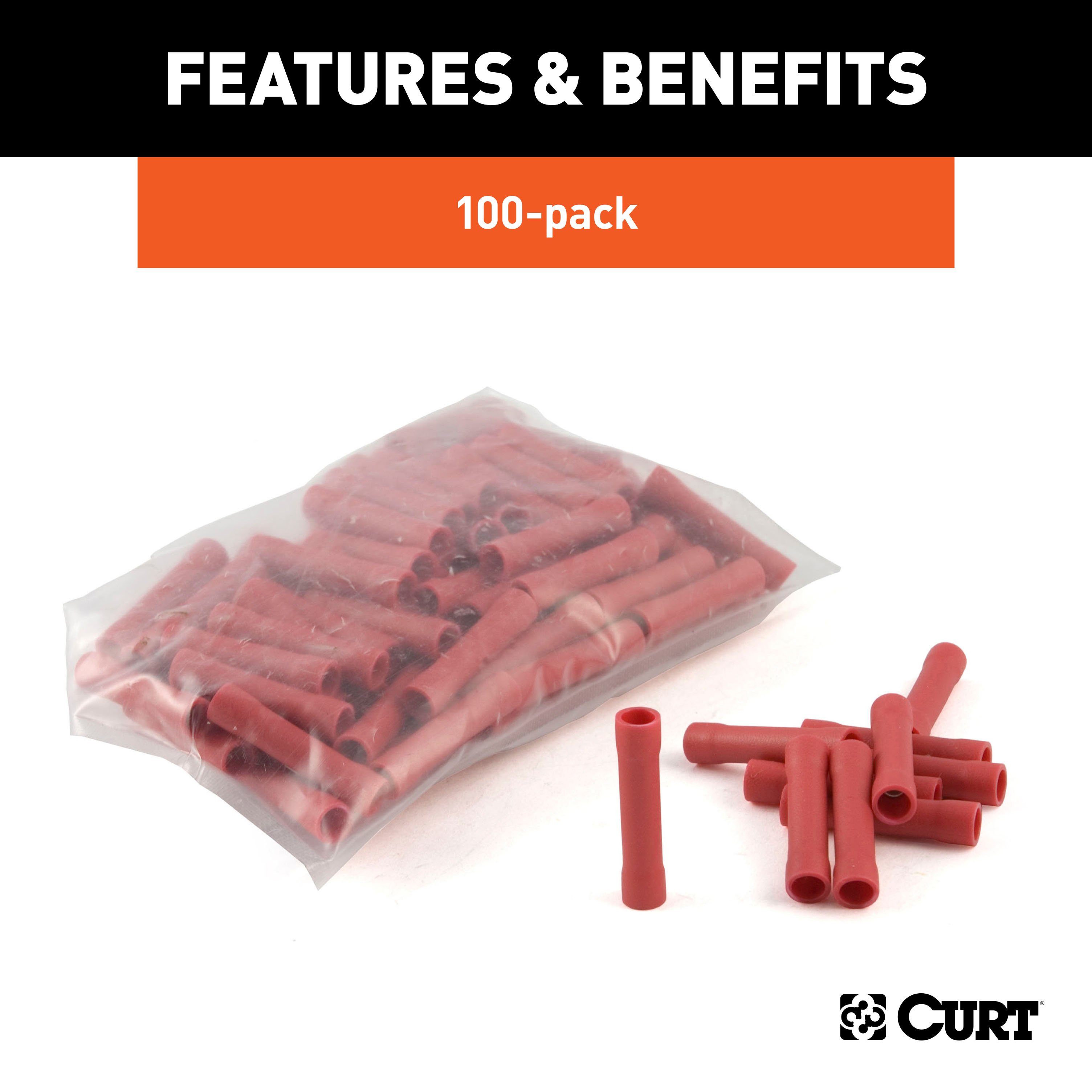 CURT 59421 22-18 Gauge Red Vinyl-Insulated Wire Butt Connectors, 100-Pack thumbnail 2