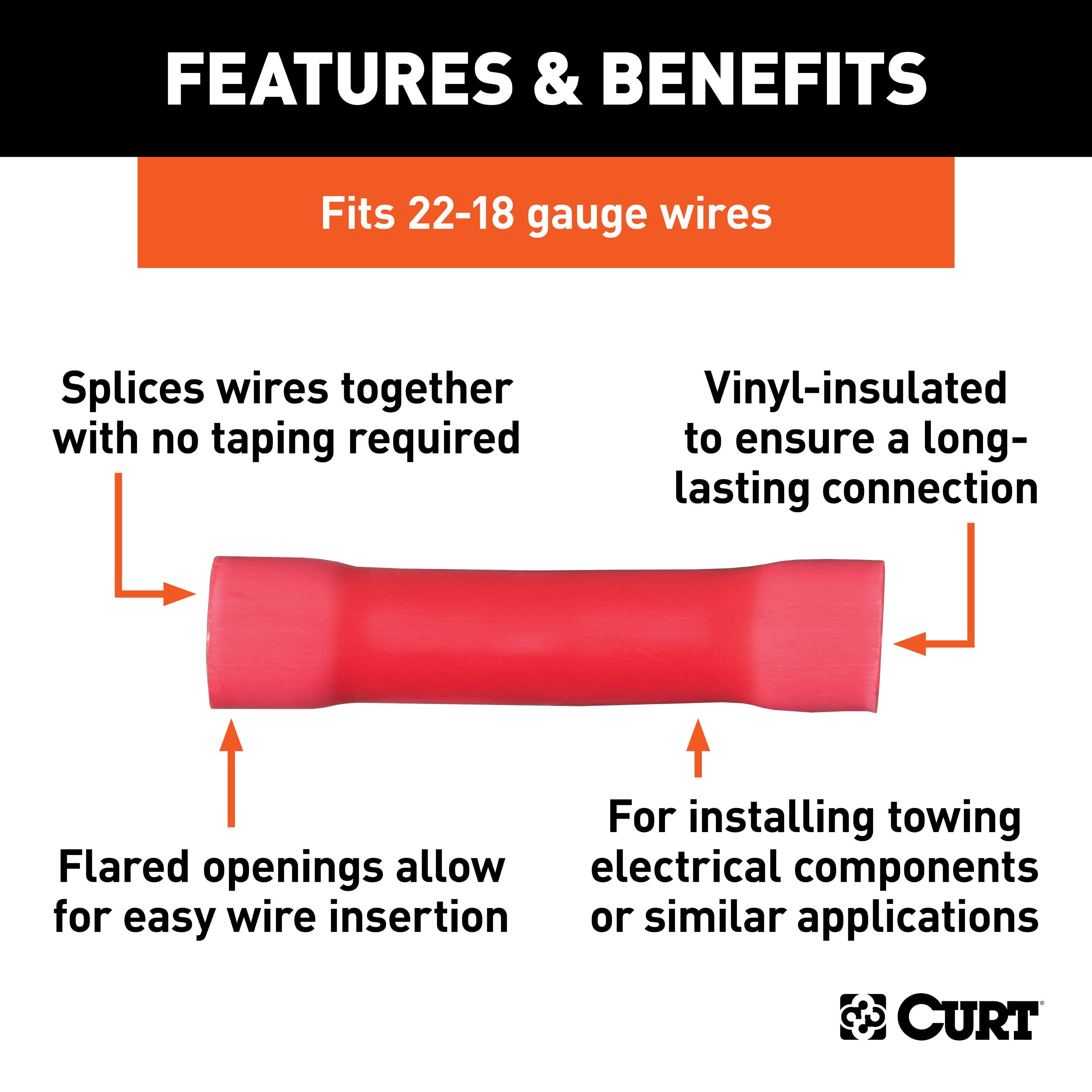 CURT 59421 22-18 Gauge Red Vinyl-Insulated Wire Butt Connectors, 100-Pack thumbnail 1