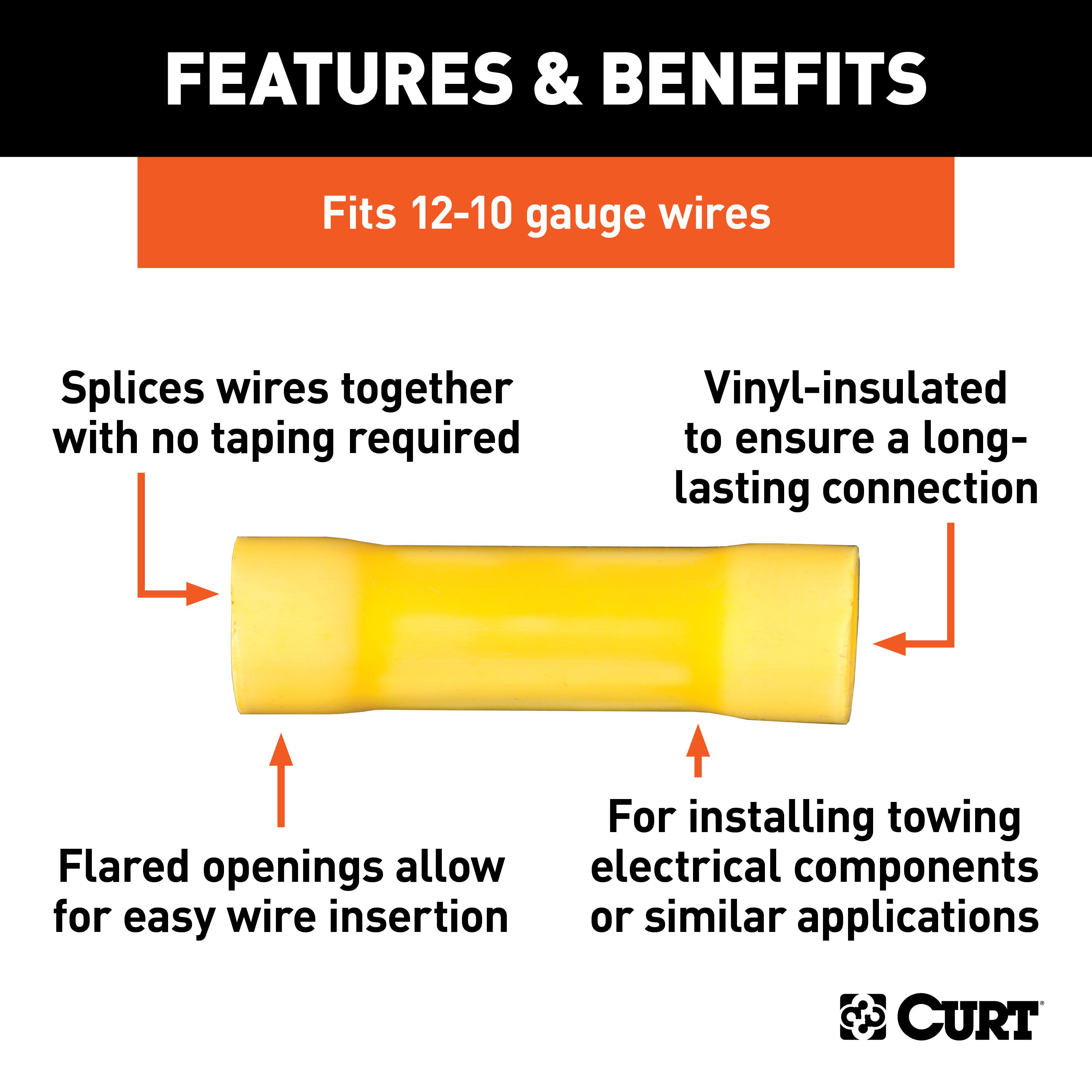CURT 59423 12-10 Gauge Yellow Vinyl-Insulated Wire Butt Connectors, 100-Pack thumbnail 1