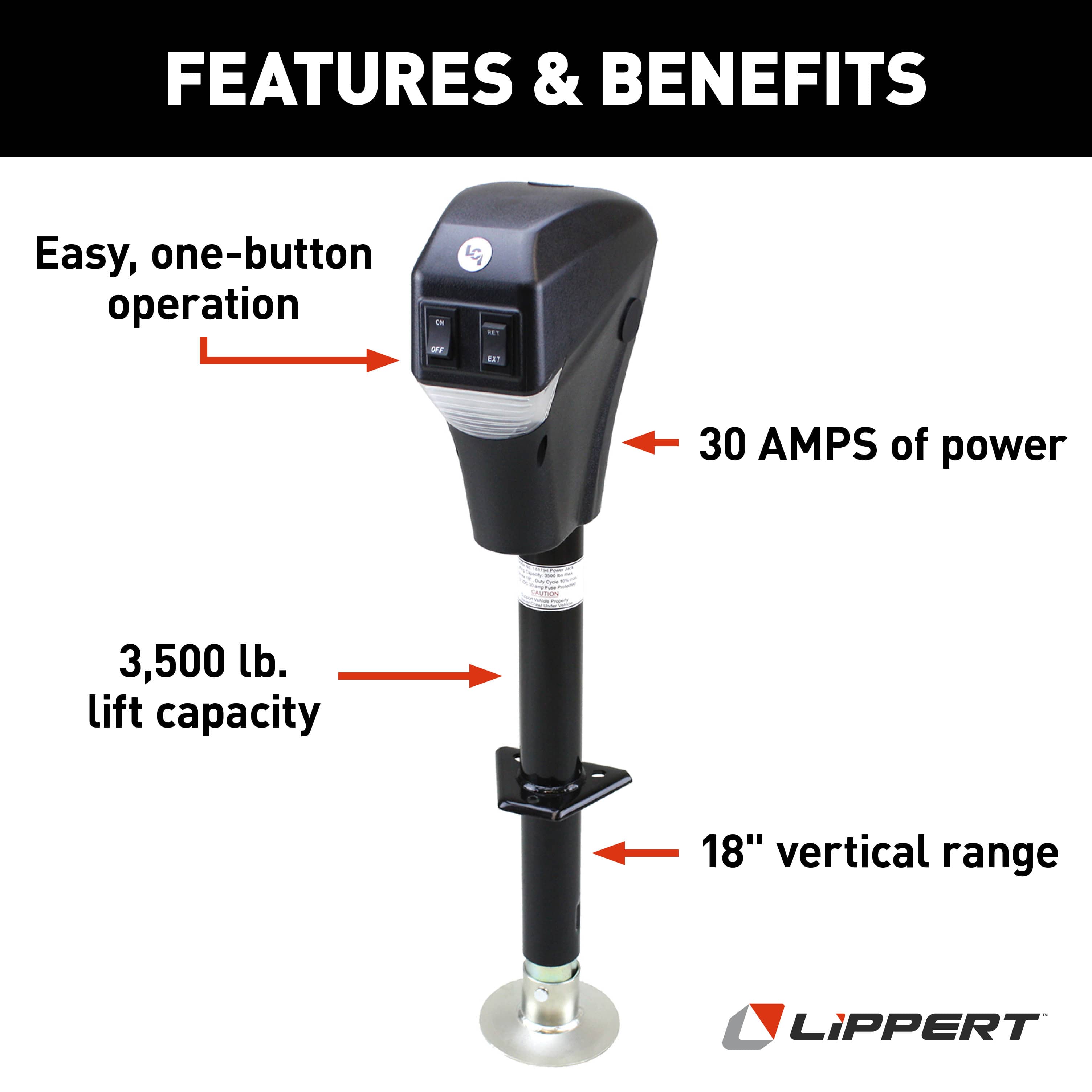 Lippert  3,500 lb,  Extended - 28.75 inches Trailer Powered Tongue Jack - Black thumbnail 2