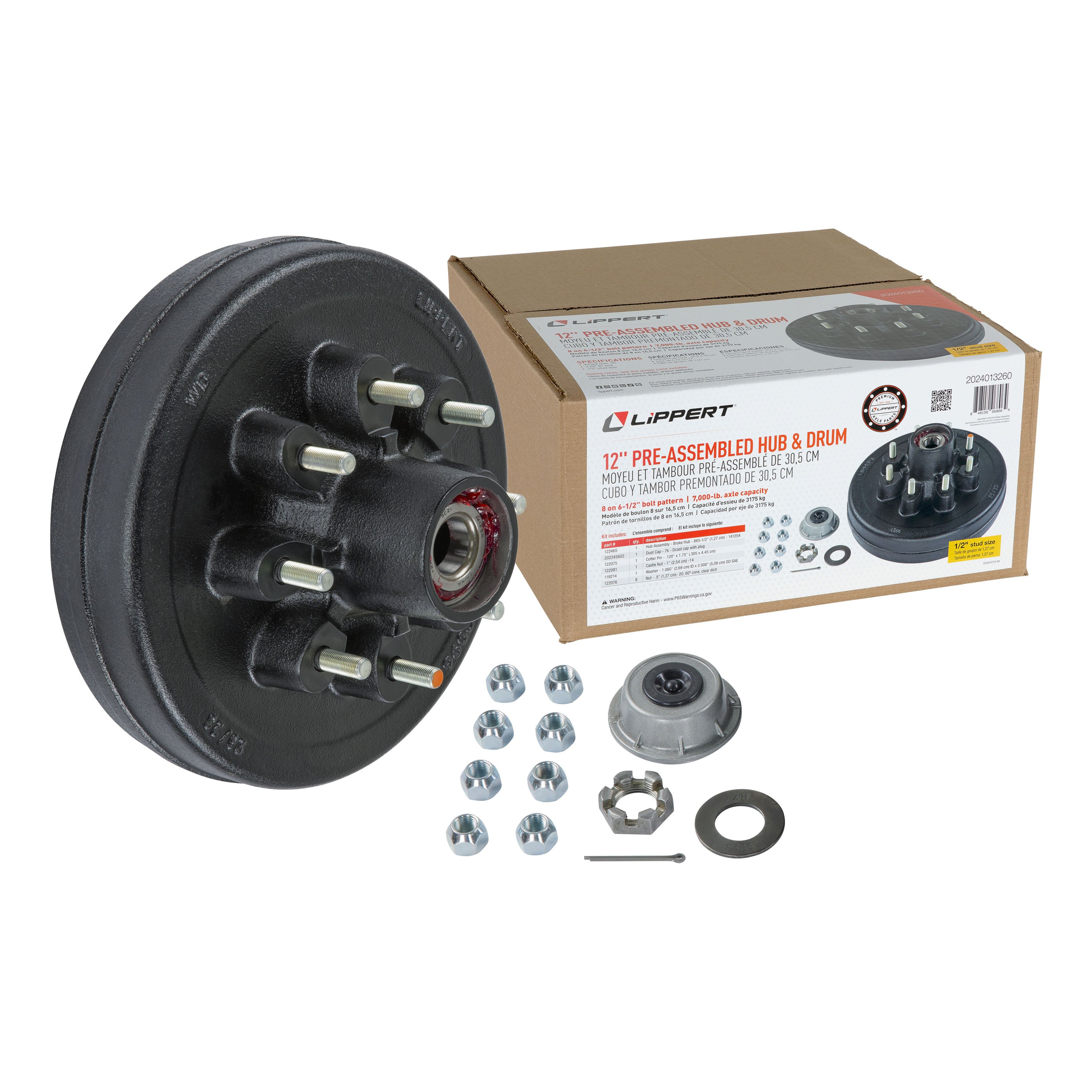 Lippert Complete Pre-Greased Hub with Lug Nuts - 7,000-lb. Axles, 1/2 Stud#2024013260 2024013260 thumbnail 0