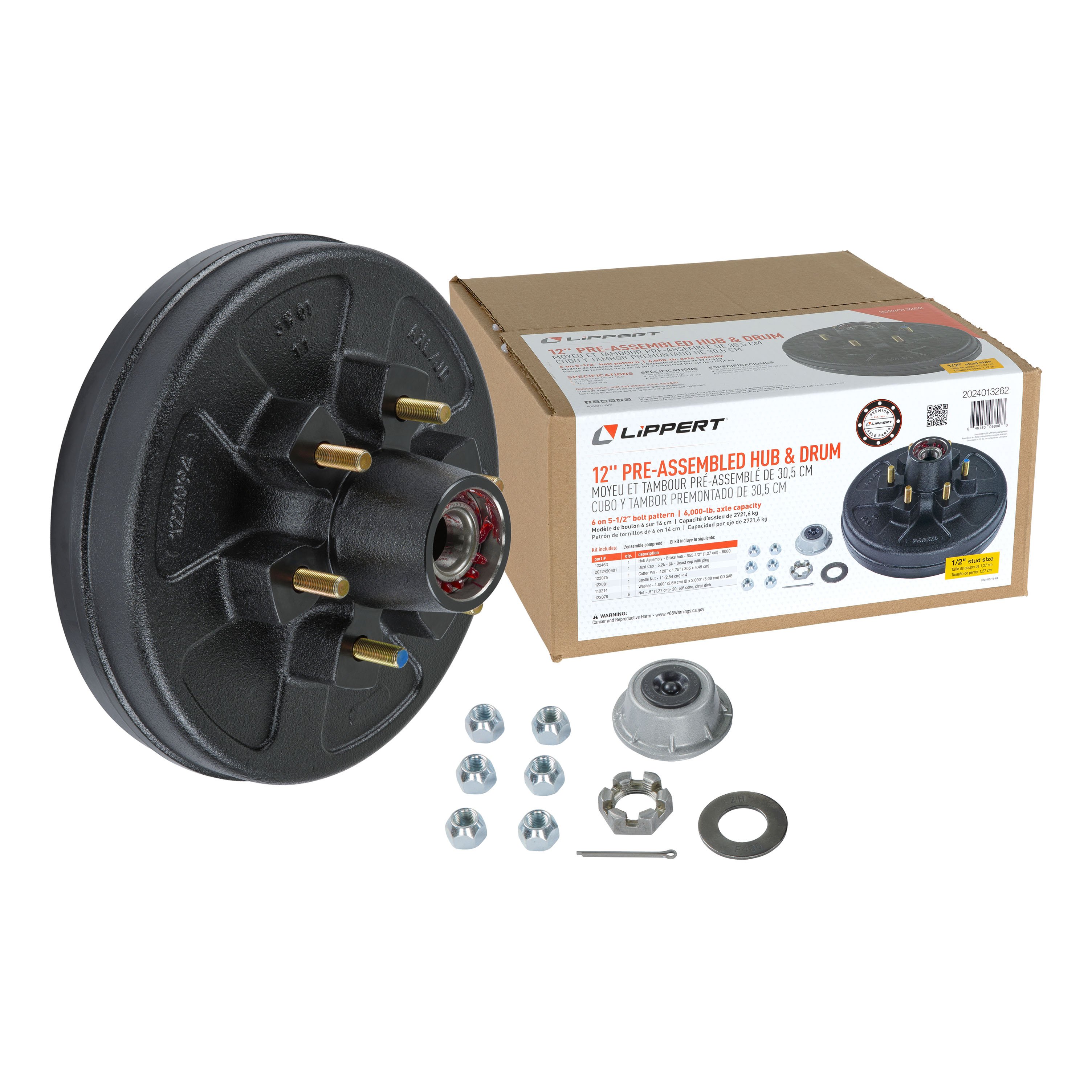 Lippert Complete Pre-Greased Hub Assembly with Lug Nuts - 6,000-lb. Axles, 1/2" Stud 2024013262 thumbnail 0