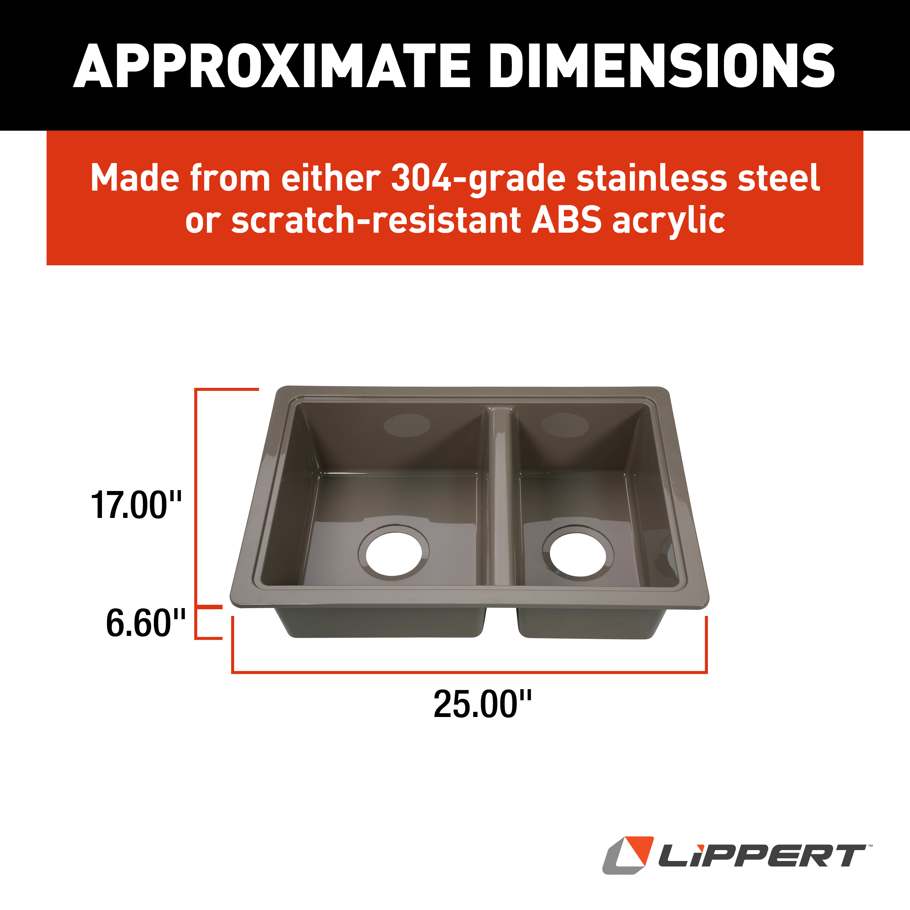 Lippert RV Double Kitchen Galley Sink - 25" x 17" x 6.6" Stainless Steel Color ABS Plastic thumbnail 5