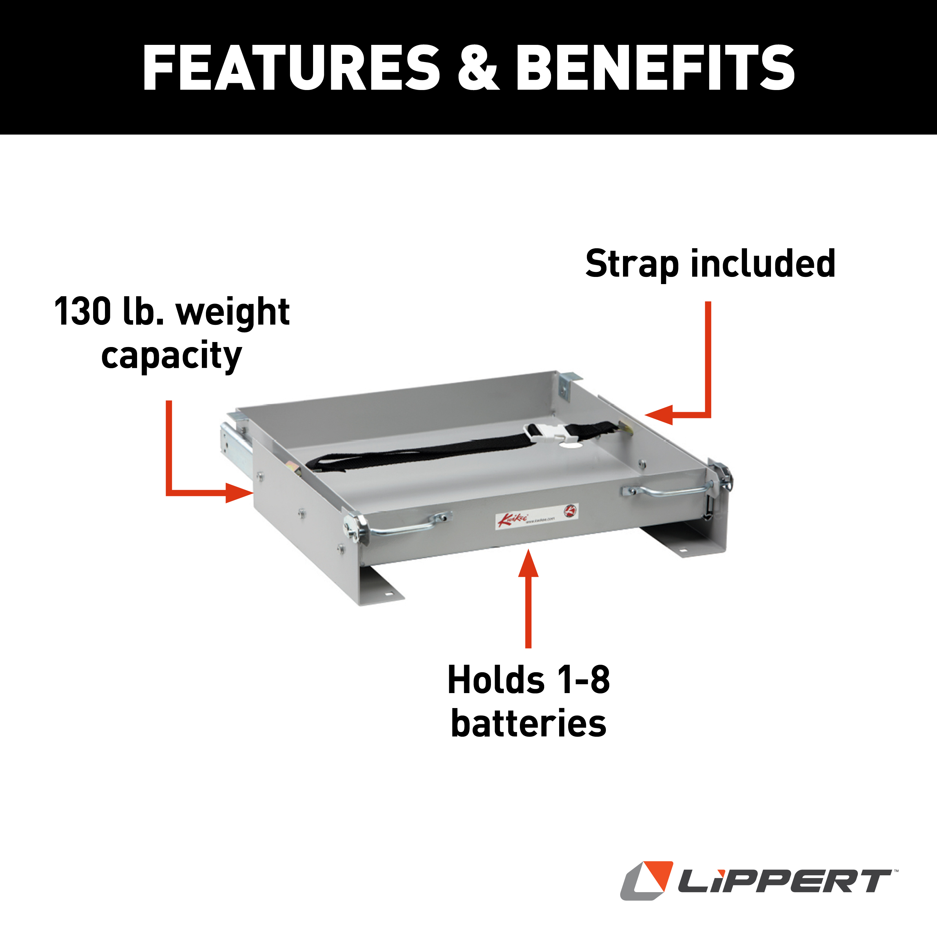 LIPPERT Kwikee Sliding RV Battery Tray - 15-3/8" with Strap Assembly thumbnail 2