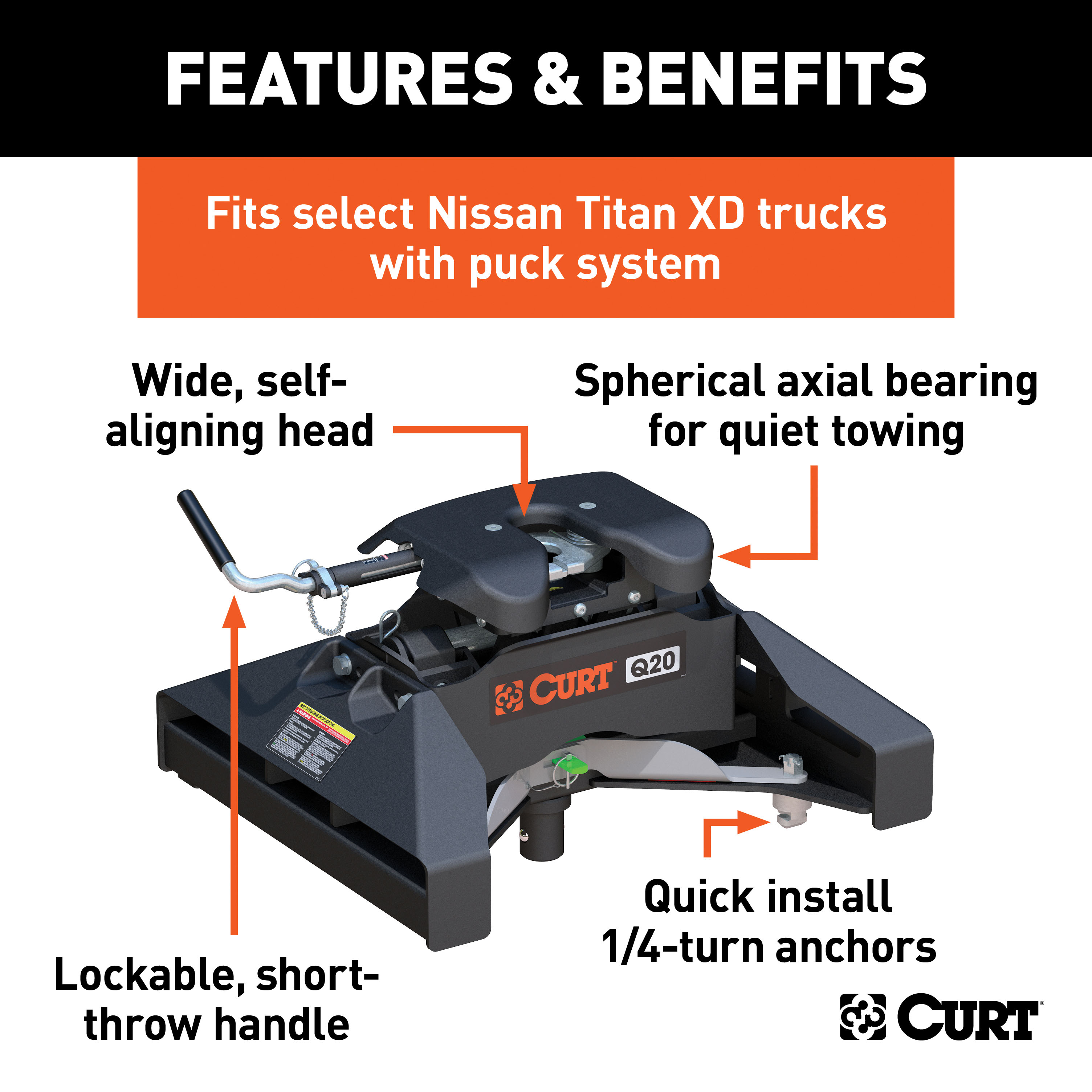 CURT 20K, Q20 5th Wheel Hitch, Select Nissan Titan XD, 8' Bed Puck System thumbnail 1