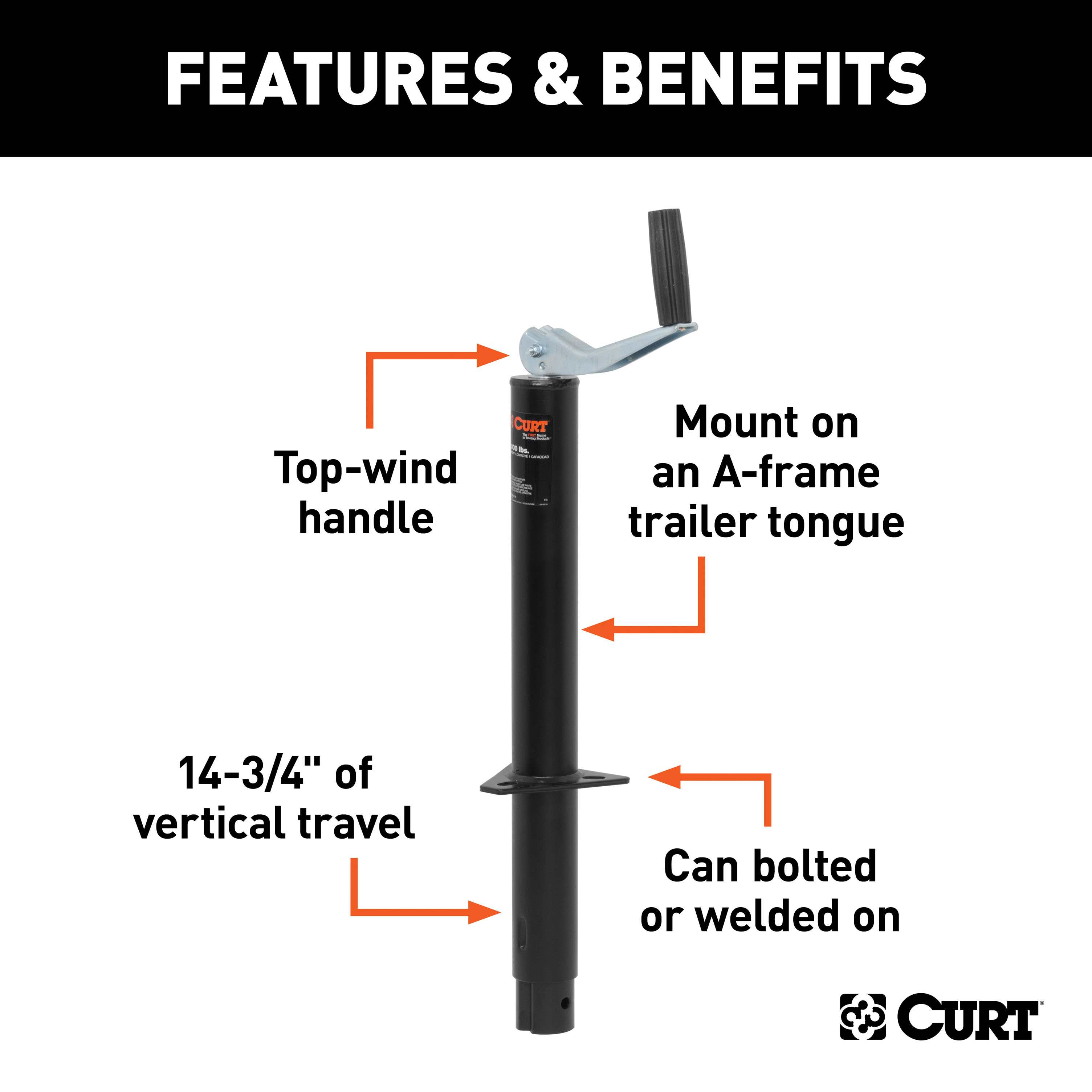 CURT A-Frame Jack with Top Handle (2,000 lbs, 15" Travel, Packaged) Trailer Jack thumbnail 1