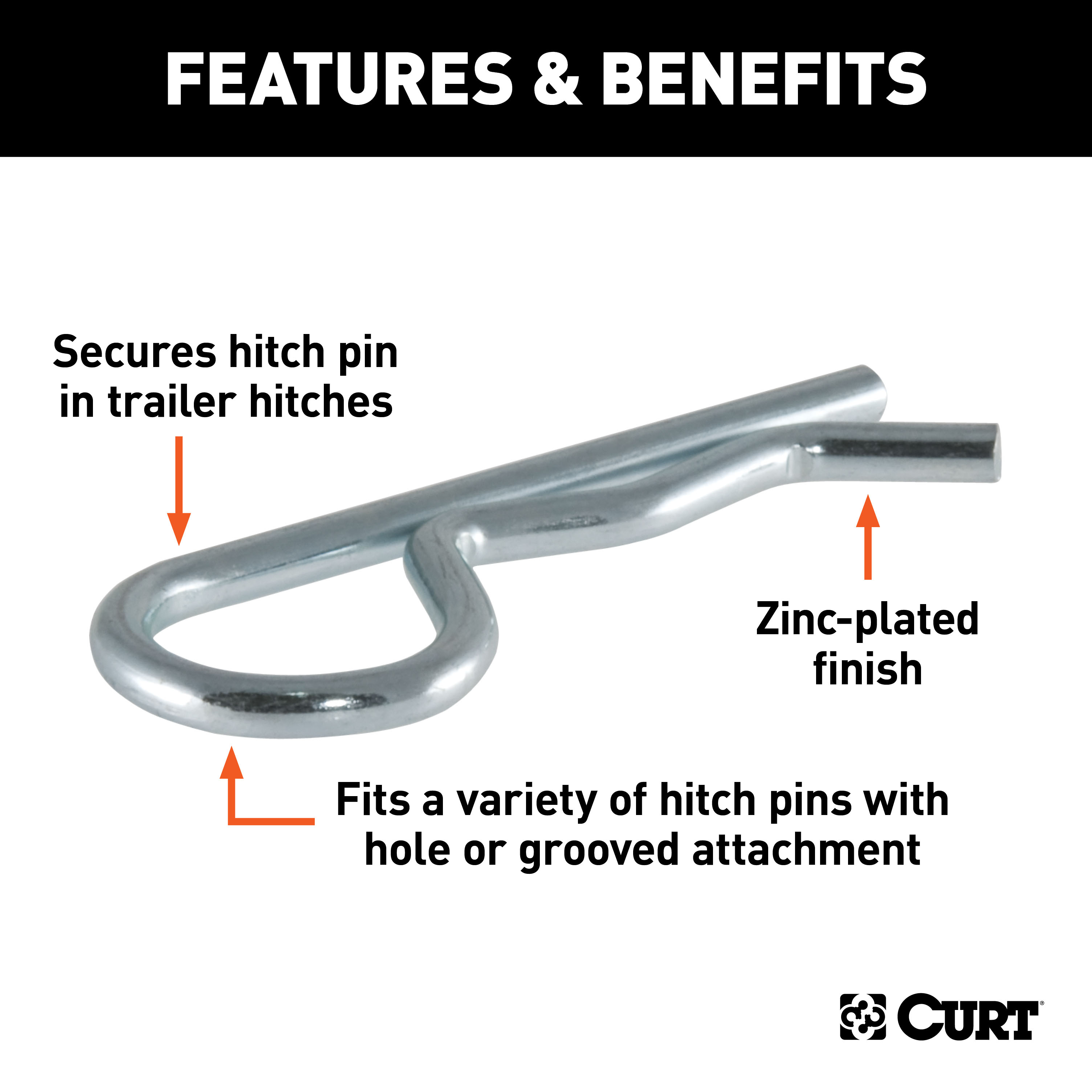 CURT Hitch Clip (Fits 1/2" or 5/8" Pin, Zinc, Packaged) Trailer Hitch thumbnail 1
