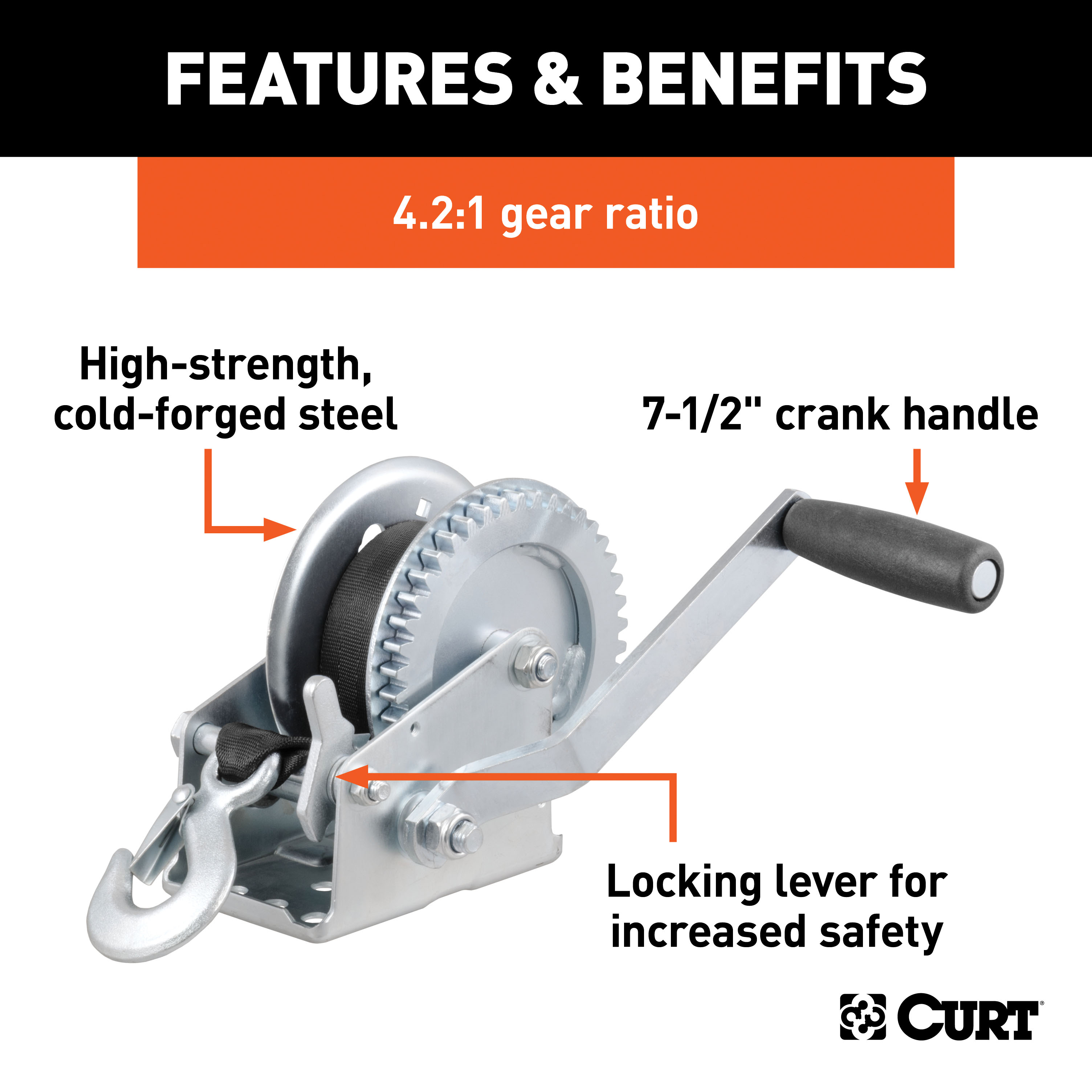 CURT Hand Crank Winch with 20' Strap (1,400 lbs, 7-1/2" Handle) Trailer Winch thumbnail 1
