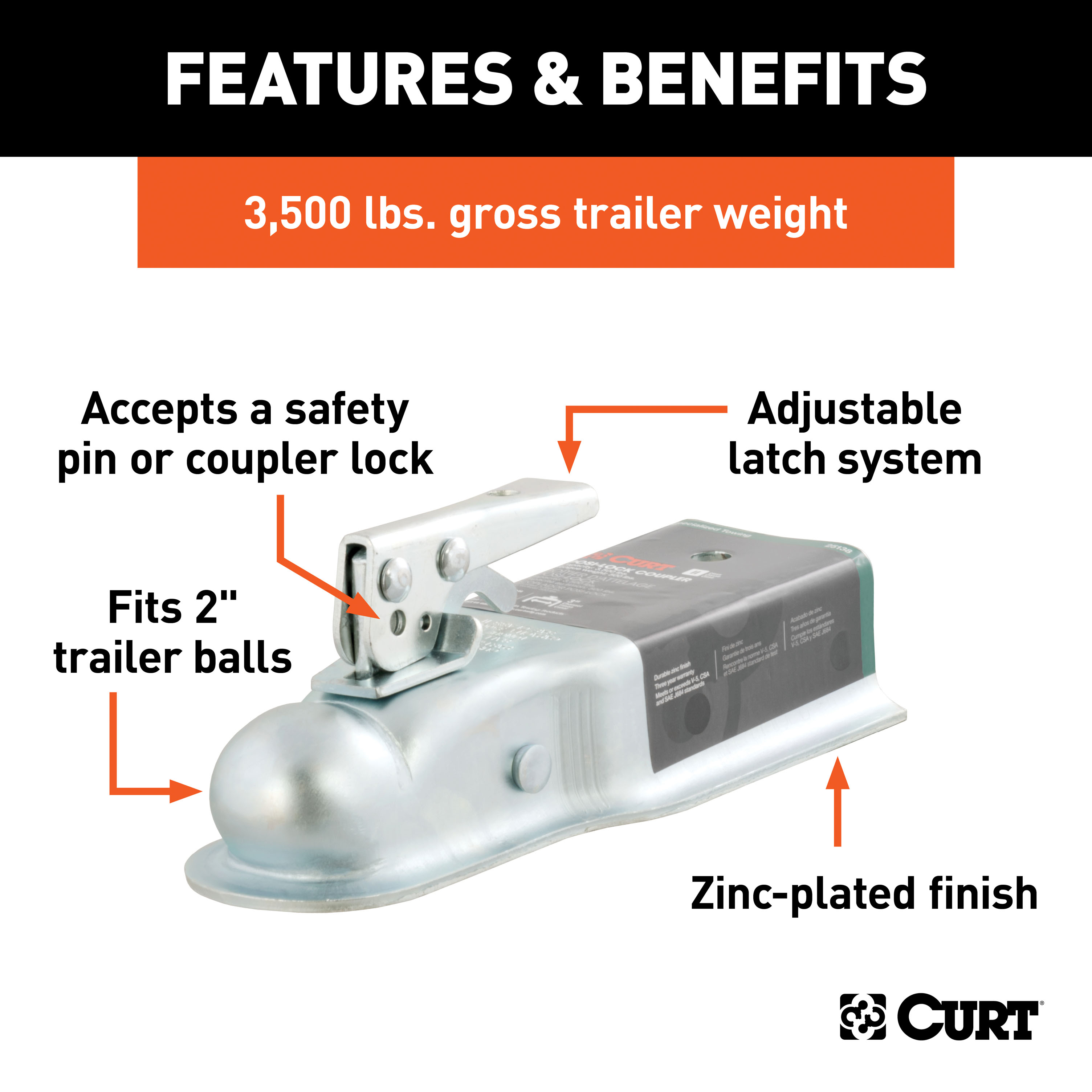 CURT 3,500 lbs 2" Straight-Tongue Coupler with Posi-Lock (3" Channel) Zinc Trailer Hitch Coupler thumbnail 1