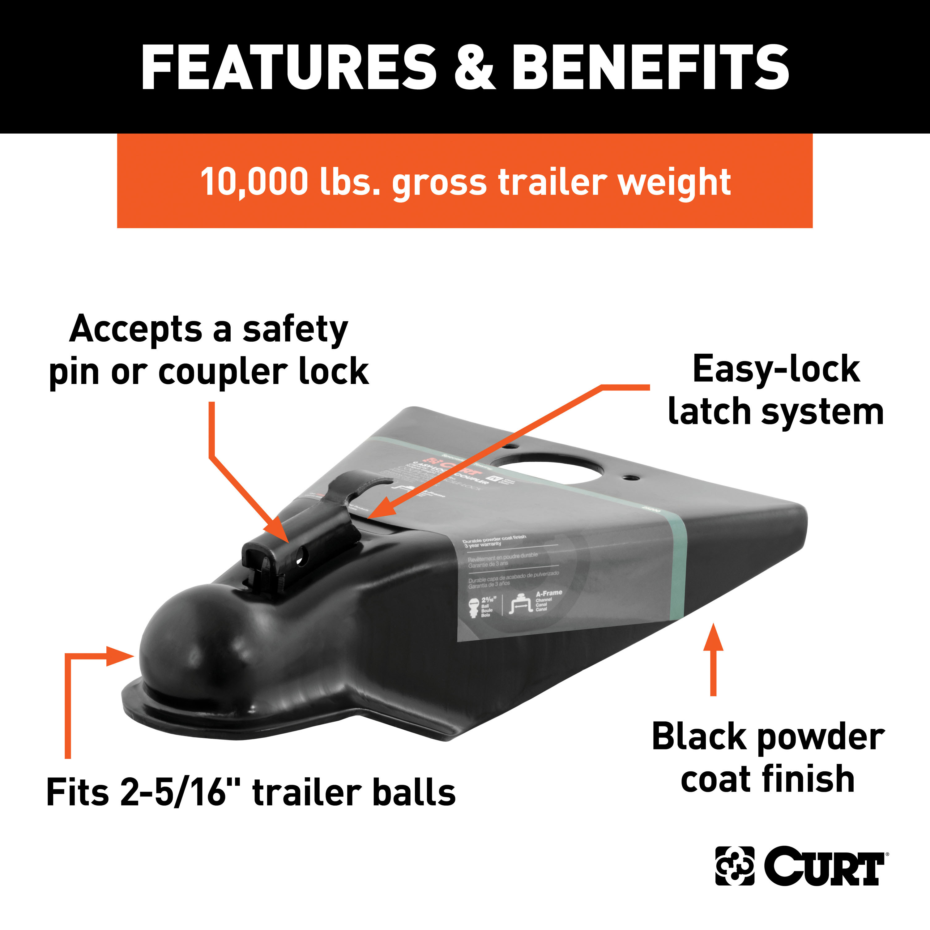 CURT 10,000 lbs  2-5/16" A-Frame Coupler with Easy-Lock Black Trailer Hitch Coupler thumbnail 1