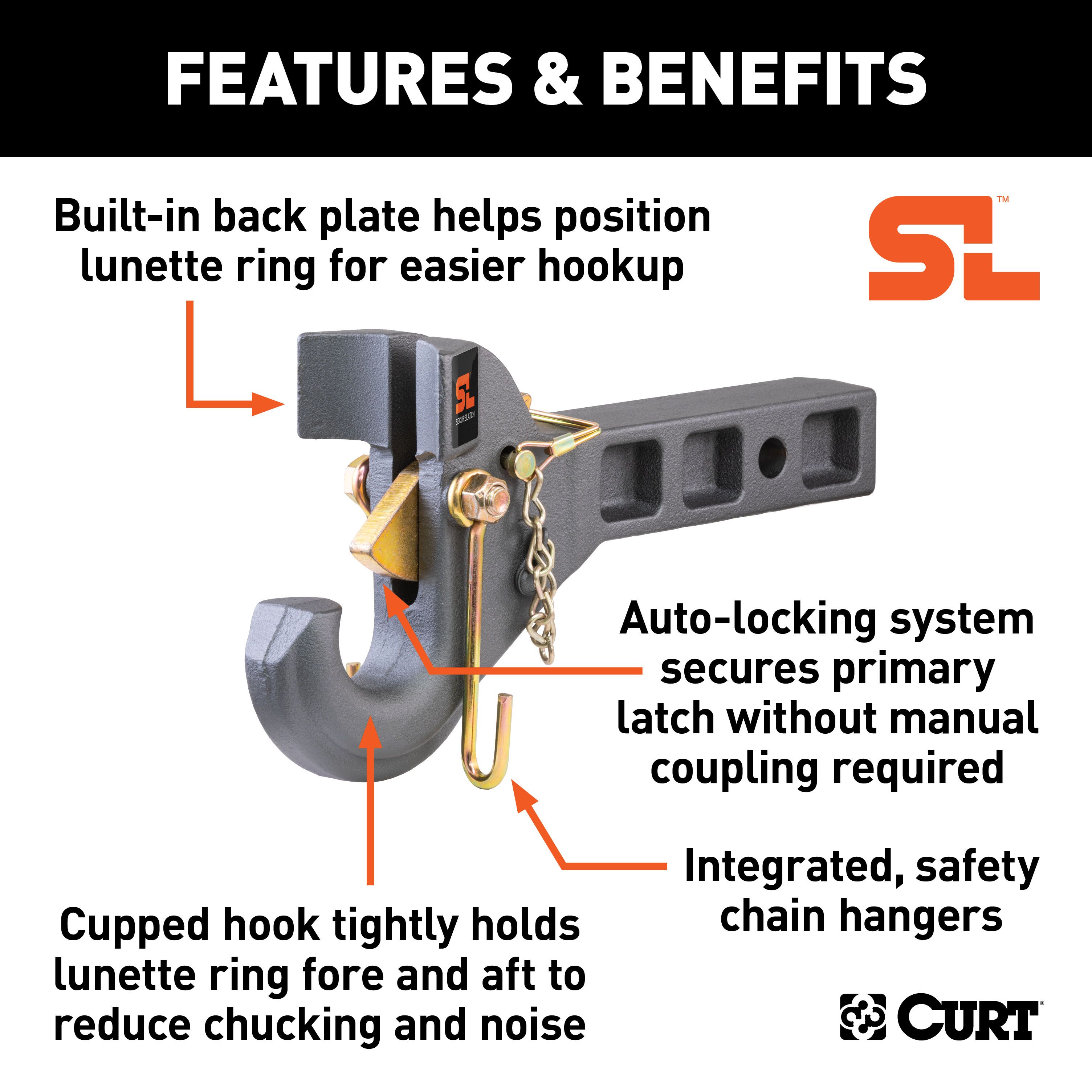 CURT SecureLatch Receiver-Mount Pintle Hook (2" Shank, 14K, 2-1/2" or 3" Lunette) Trailer Hitch Pintle Hook Mount thumbnail 1