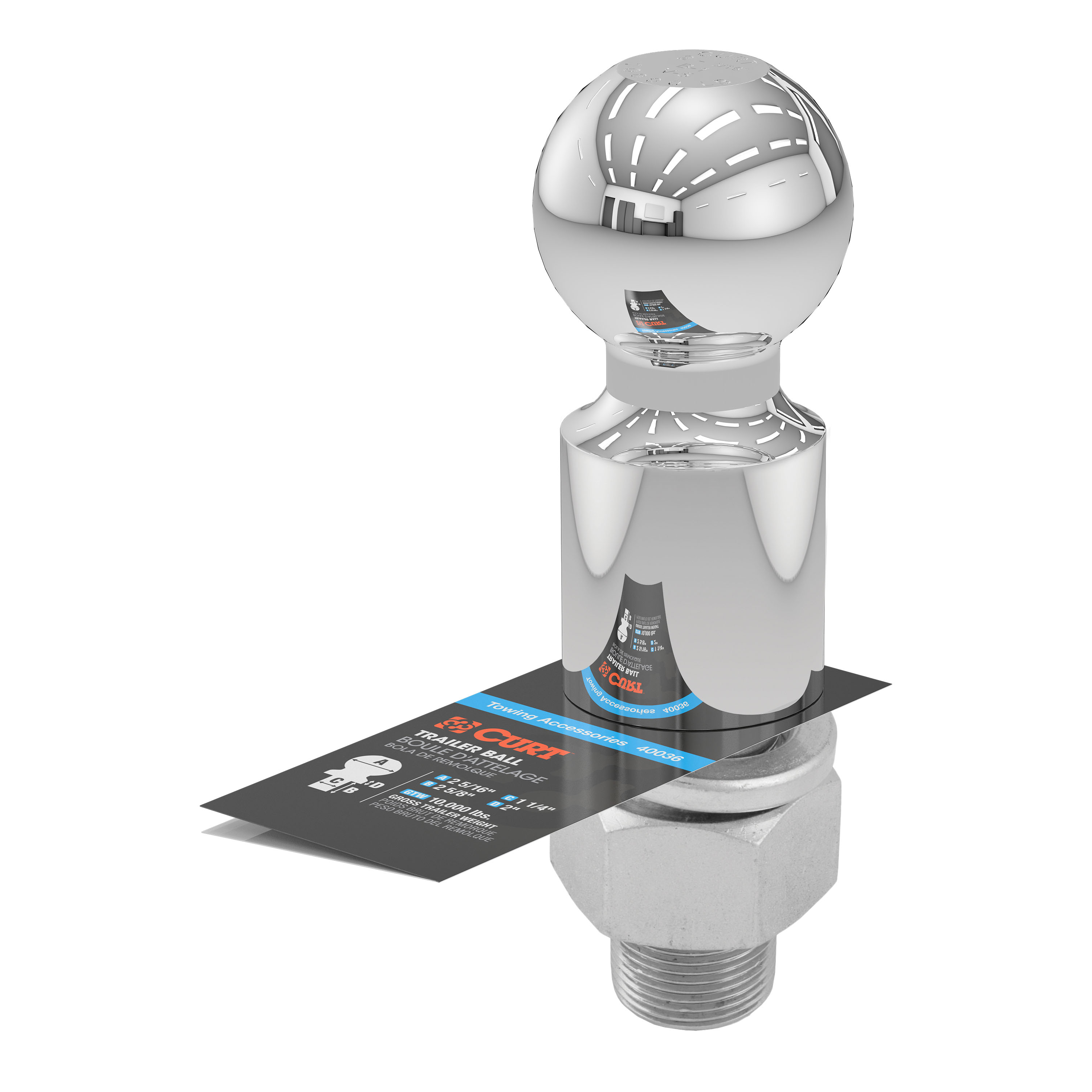CURT 2-5/16" Trailer Ball (1-1/4" x 2-5/8" Shank, 2" Rise, 10,000 lbs., Chrome) Trailer Hitch Ball thumbnail 2