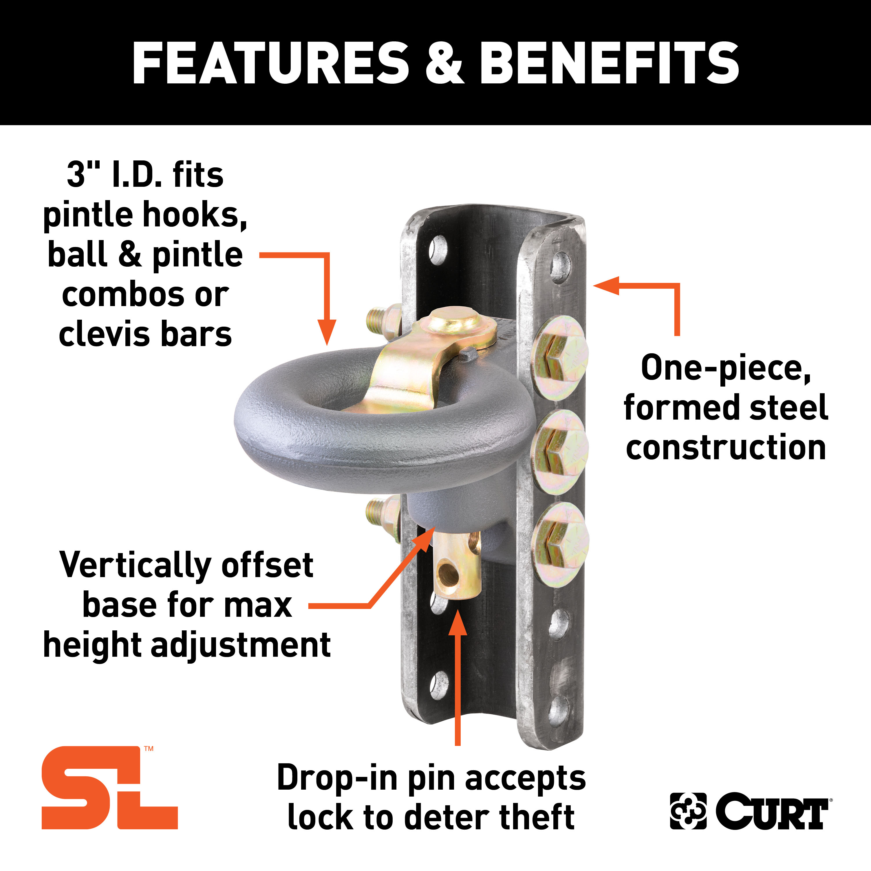 CURT SecureLatch Lunette Ring & Channel (40,000 lbs, 3" ID, 11-3/4" Channel Height) Trailer Hitch Pintle Hook Mount thumbnail 1