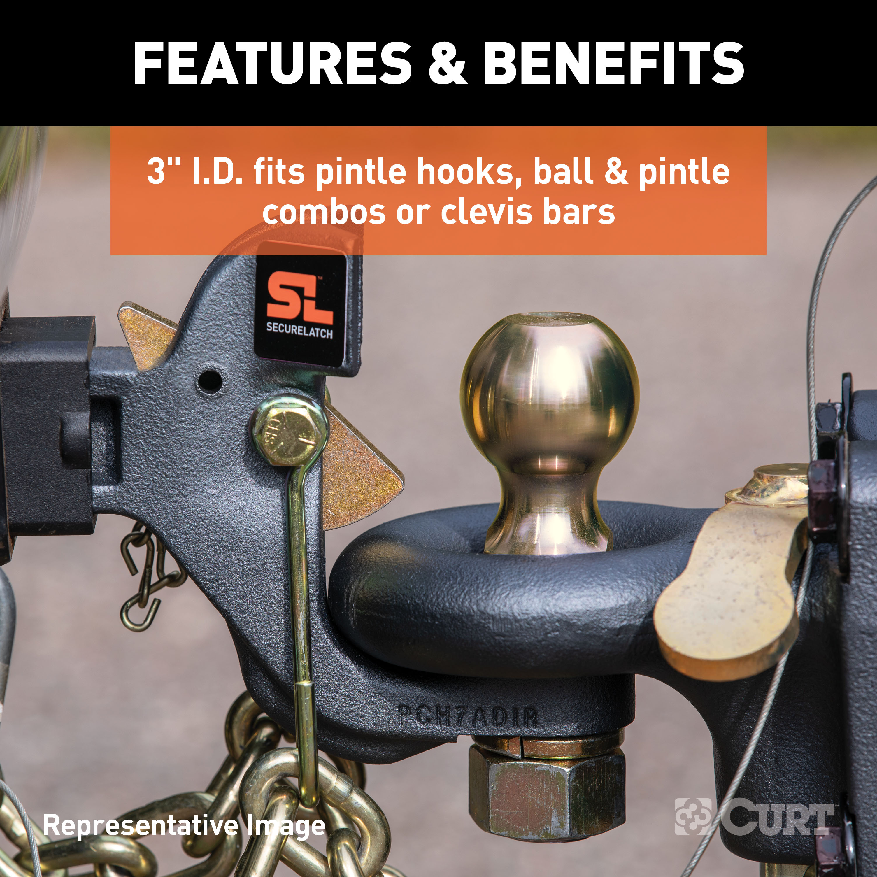 CURT SecureLatch Lunette Ring & Channel (40,000 lbs, 3" ID, 11-3/4" Channel Height) Trailer Hitch Pintle Hook Mount thumbnail 2