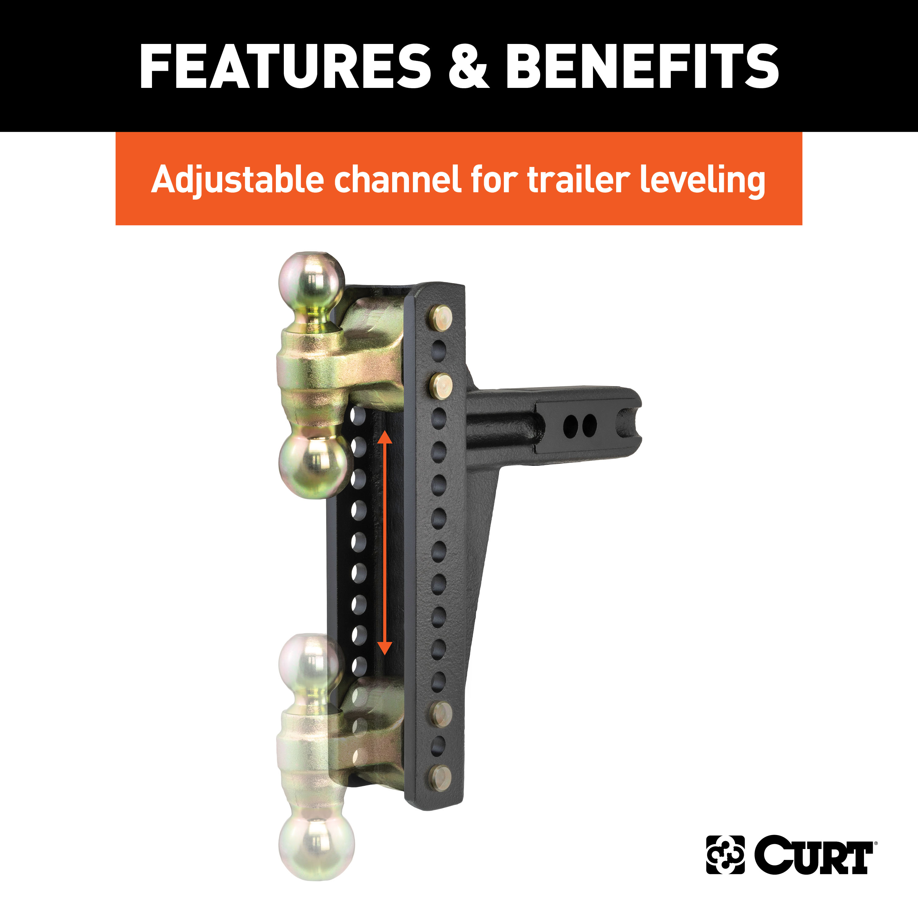 CURT Adjustable Channel Mount, Dual Ball (2-1/2" Shank, 20,000 lbss., 10-3/8" Drop) Trailer Hitch Ball Mount thumbnail 2