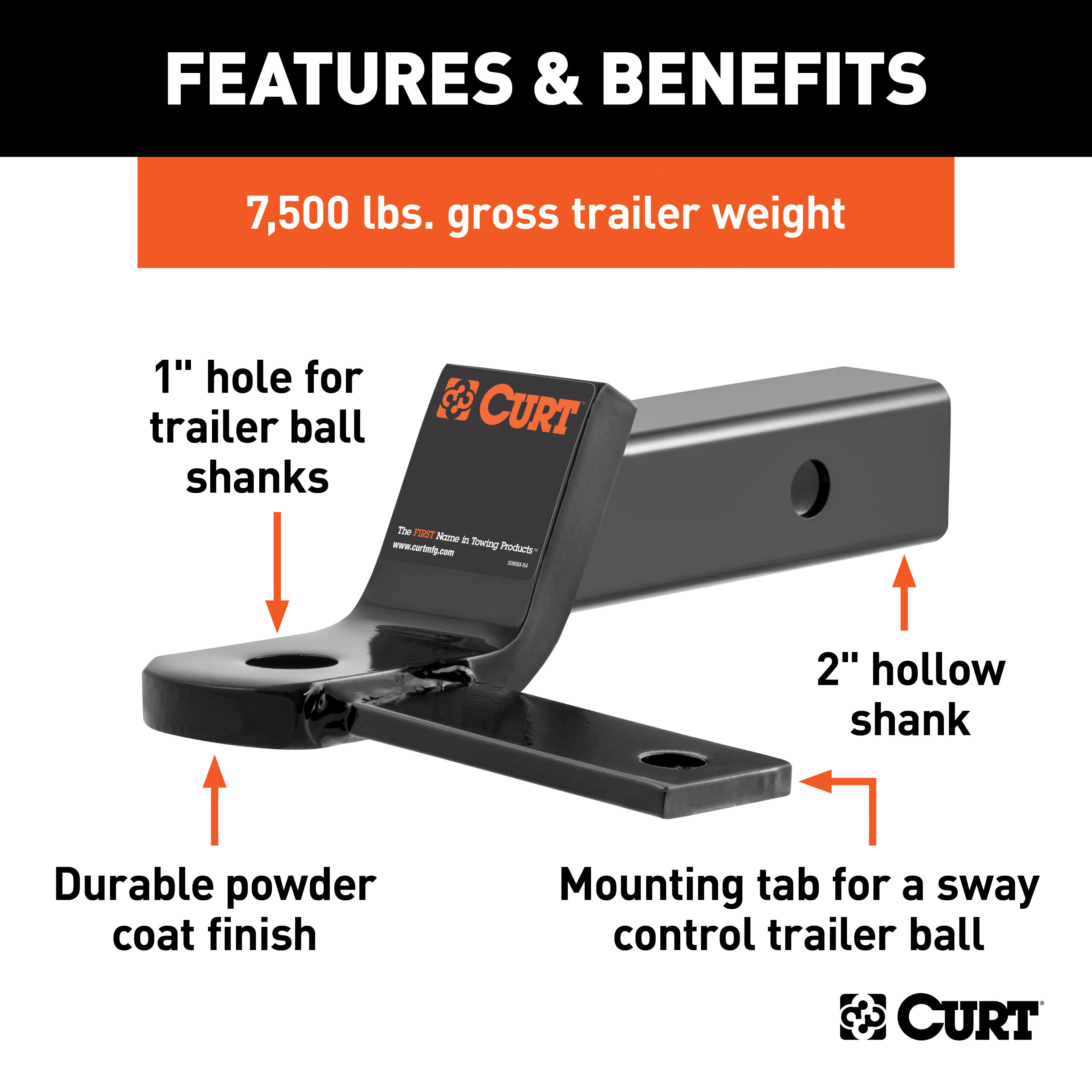 CURT Sway Tab Ball Mount (2" Shank, 7,500 lbss., 2" Drop) Trailer Hitch Ball Mount thumbnail 1