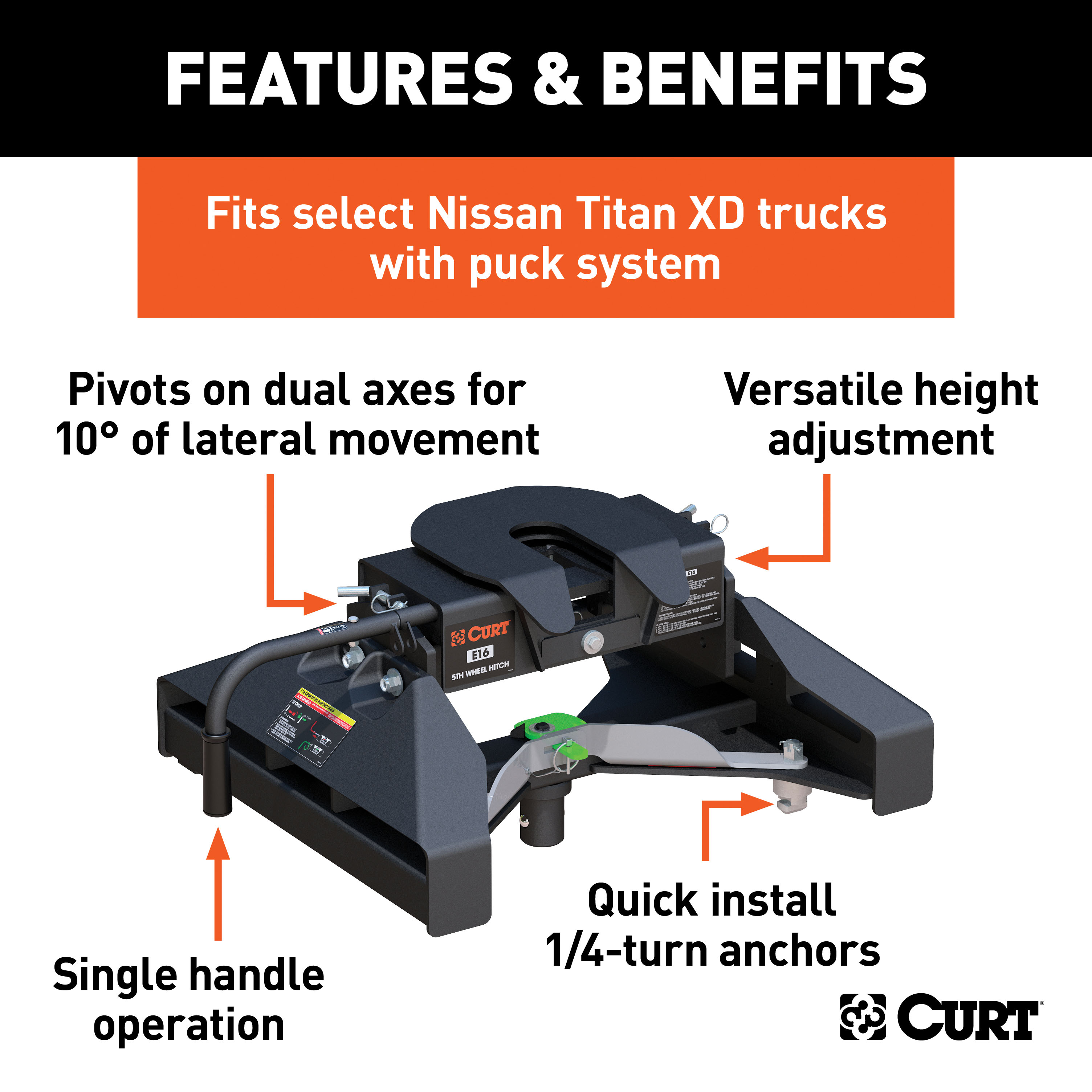 CURT 16K, E16 5th Wheel Hitch, Select Nissan Titan XD, 8' Bed Puck System thumbnail 1
