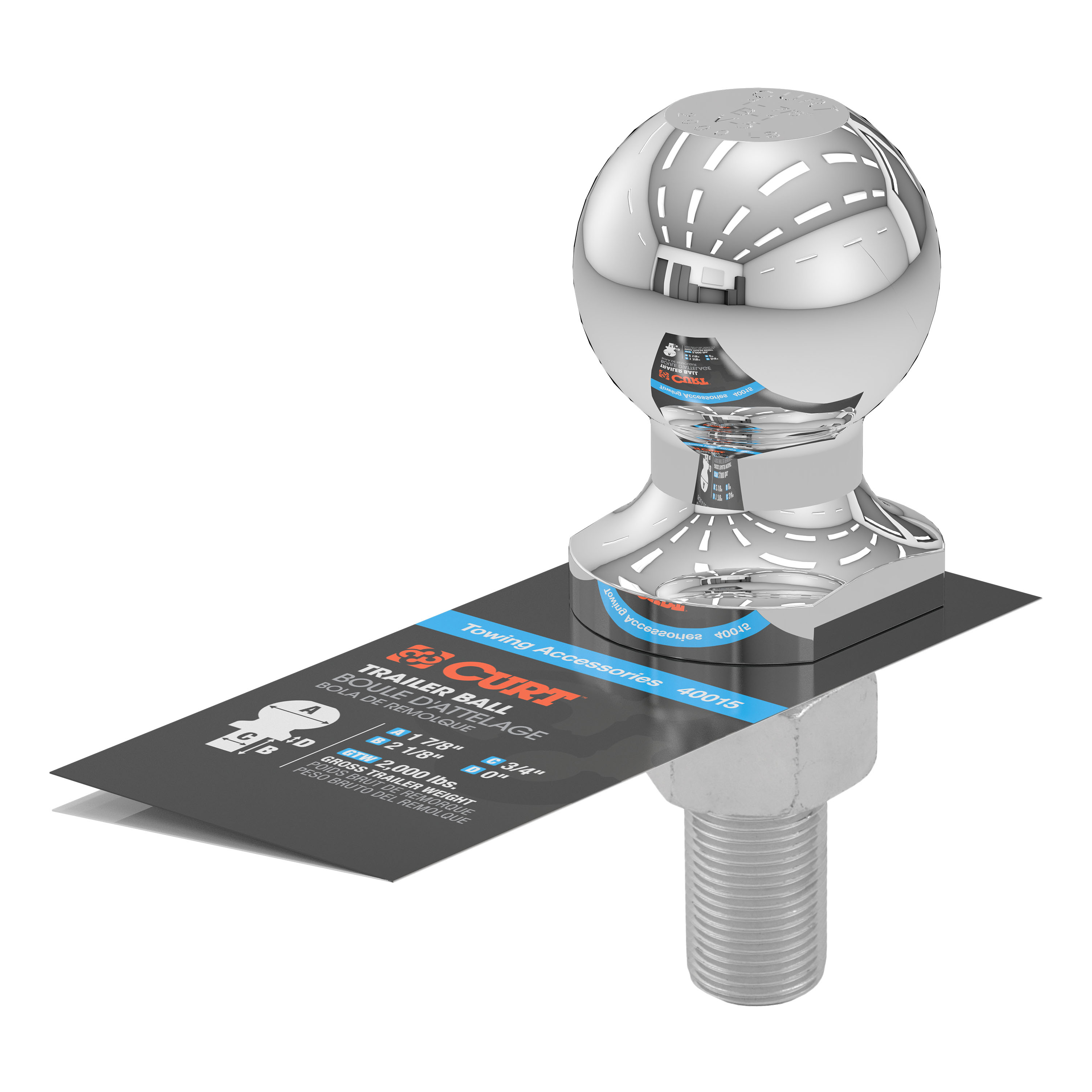 CURT 1-7/8" Trailer Ball (3/4" x 2-1/8" Shank, 2,000 lbs., Chrome) Trailer Hitch Ball thumbnail 2