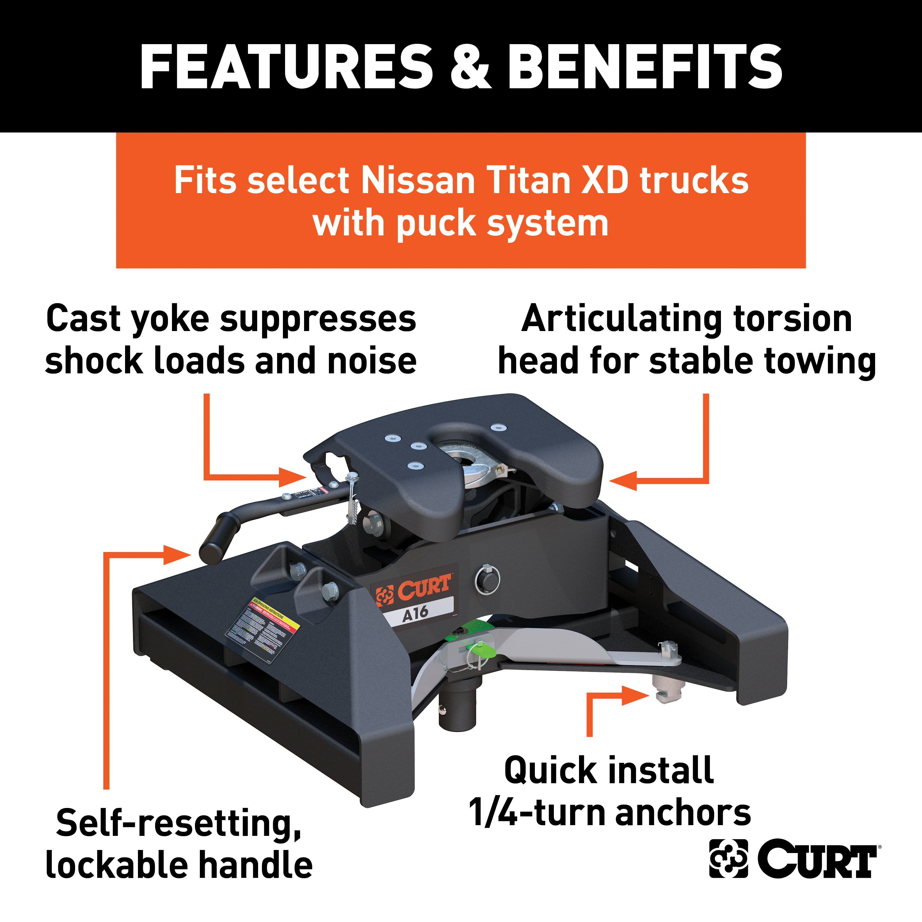 CURT 16K, 16K, A16 5th Wheel Hitch, Select Nissan Titan XD, 8' Bed Puck Syste thumbnail 1