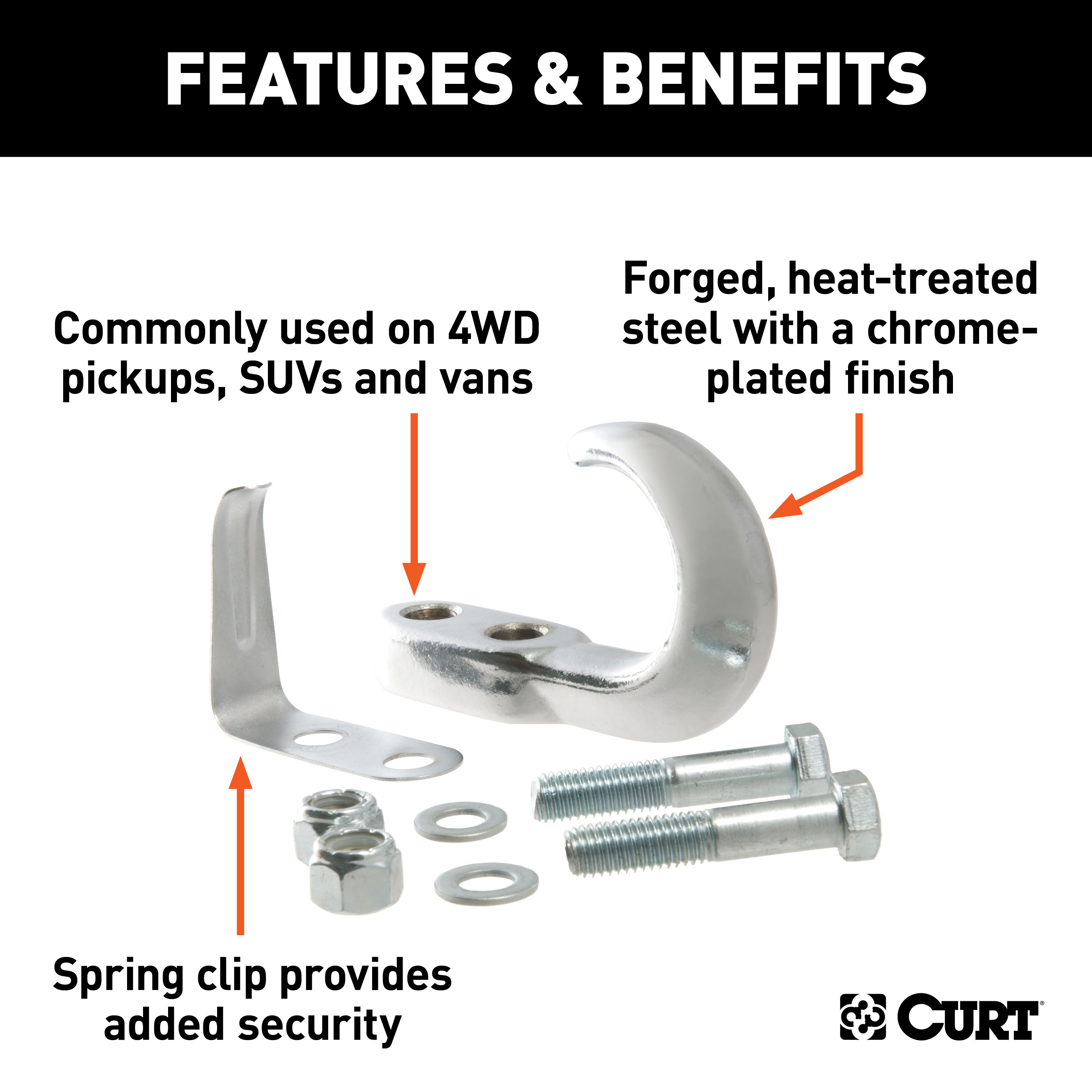 CURT Tow Hook with Hardware (10,000 lbs., Chrome) Tow Hook thumbnail 1
