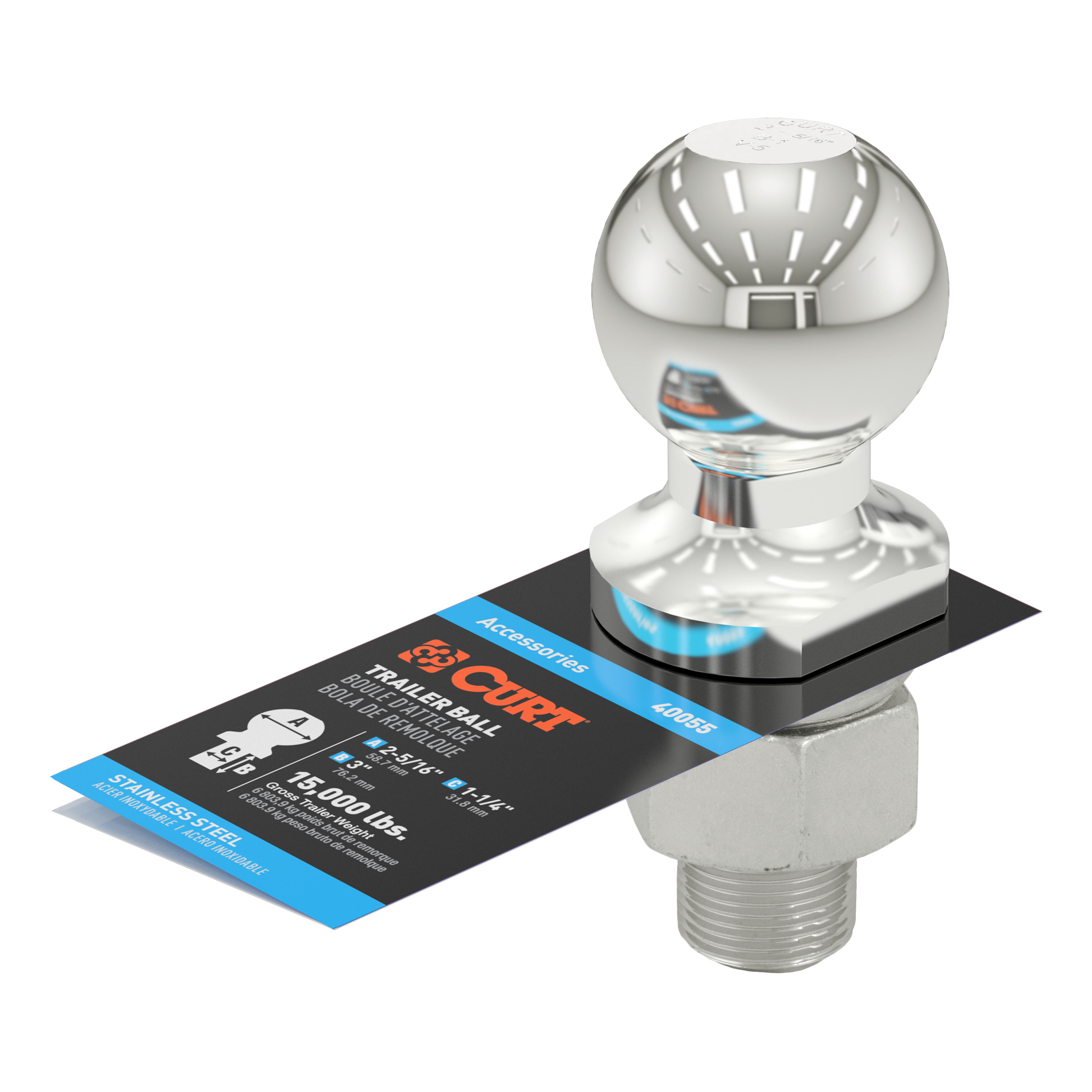 CURT 2-5/16" Trailer Ball (1-1/4" x 2-5/8" Shank, 15,000 lbs., Stainless) Trailer Hitch Ball thumbnail 2