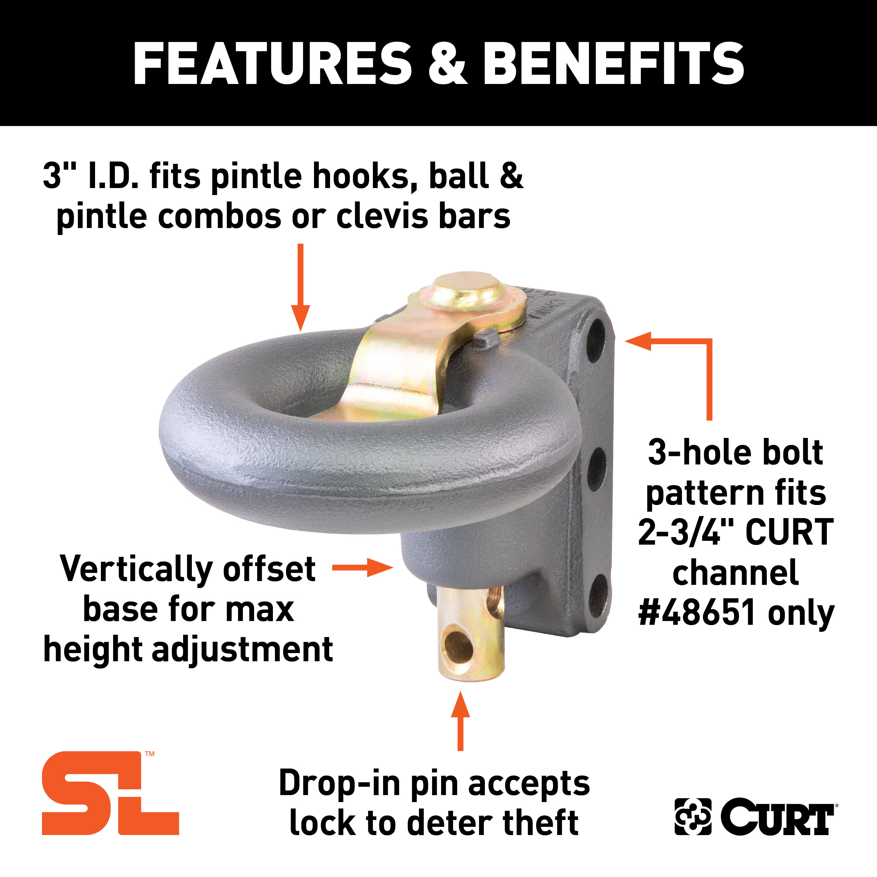 CURT SecureLatch Channel-Style Lunette Ring (40,000 lbs., 3" ID) Trailer Hitch Pintle Hook Mount thumbnail 1
