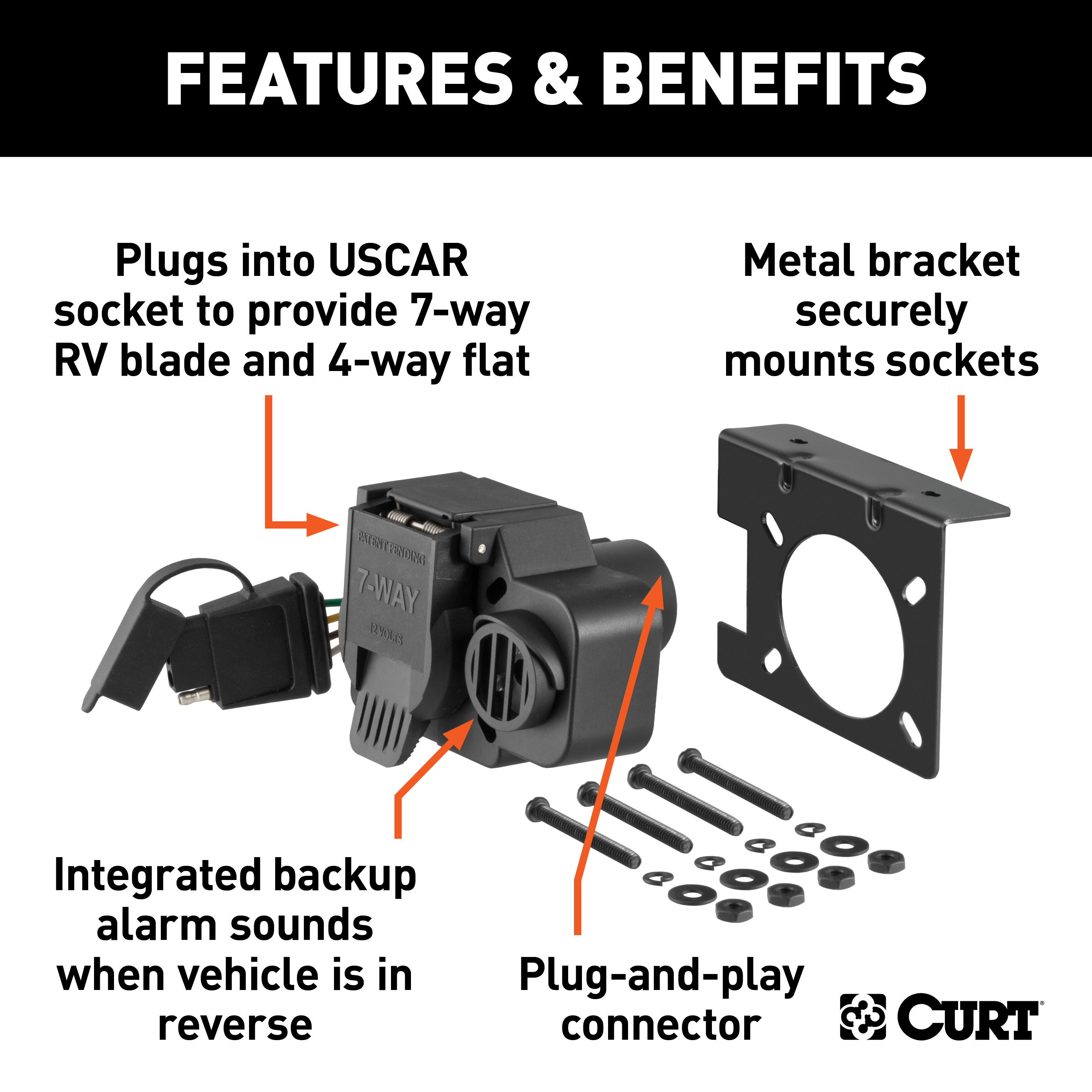 CURT Dual-Output 7 & 4-Way Connector with Backup Alarm (Plugs into USCAR) Trailer Wiring Adapter Connector thumbnail 1