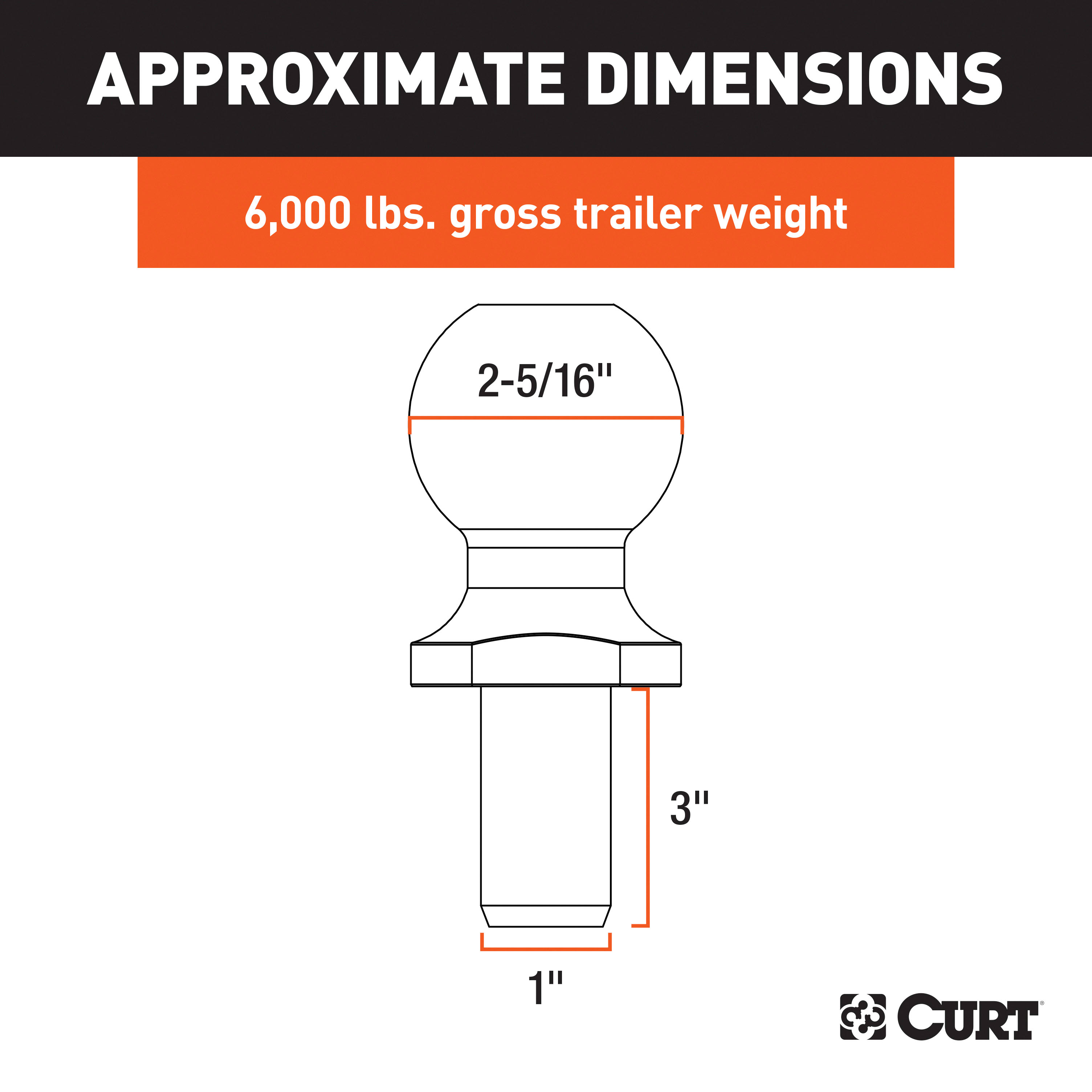CURT 2-5/16" Trailer Ball (1" x 3" Shank, 6,000 lbs., Chrome, Packaged) Trailer Hitch Ball thumbnail 2
