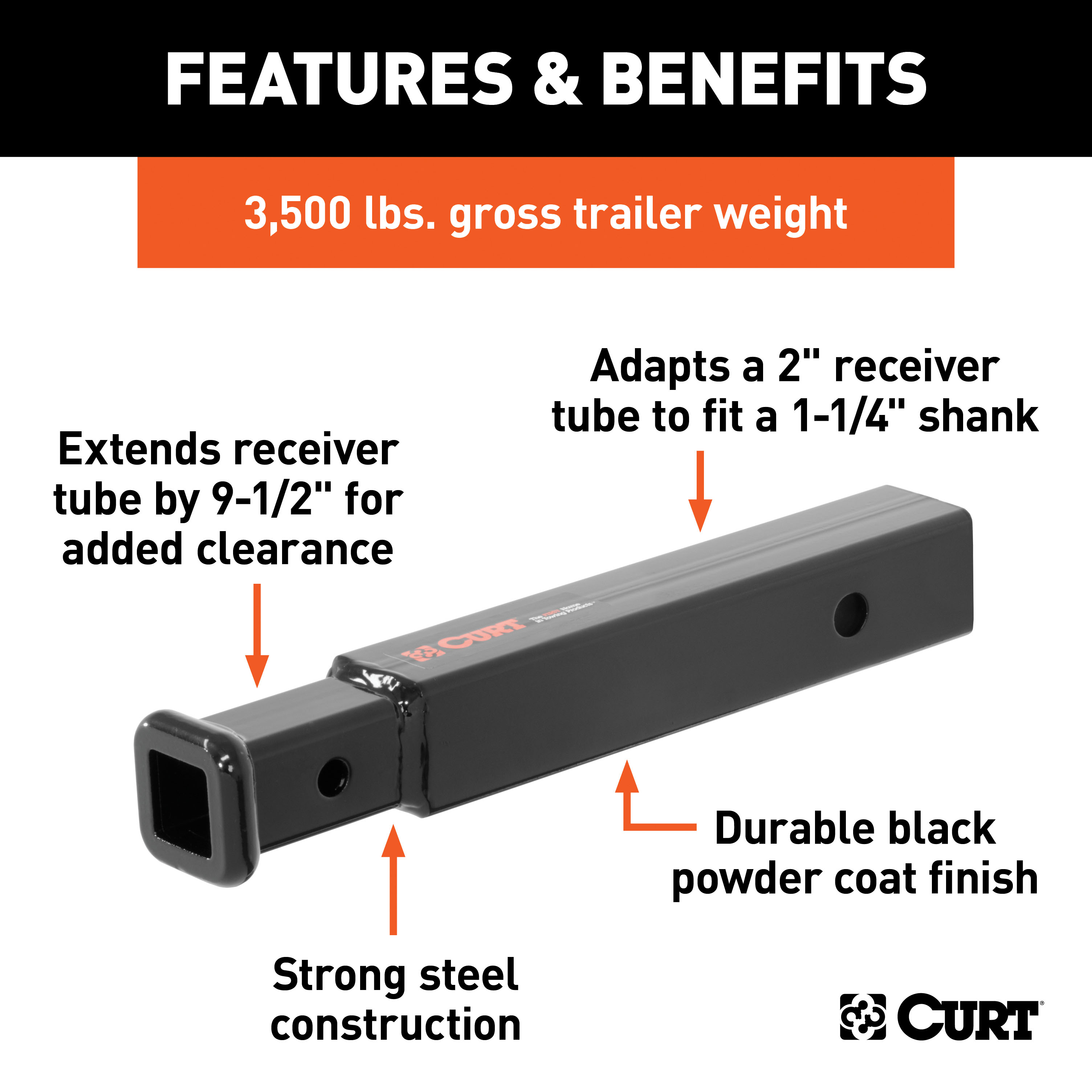 CURT Receiver Tube Adapter (2" to 1-1/4" Shank, 3,500 lbs. GTW, 9-1/2" Length) Trailer Hitch Receiver Tube Adapter thumbnail 1