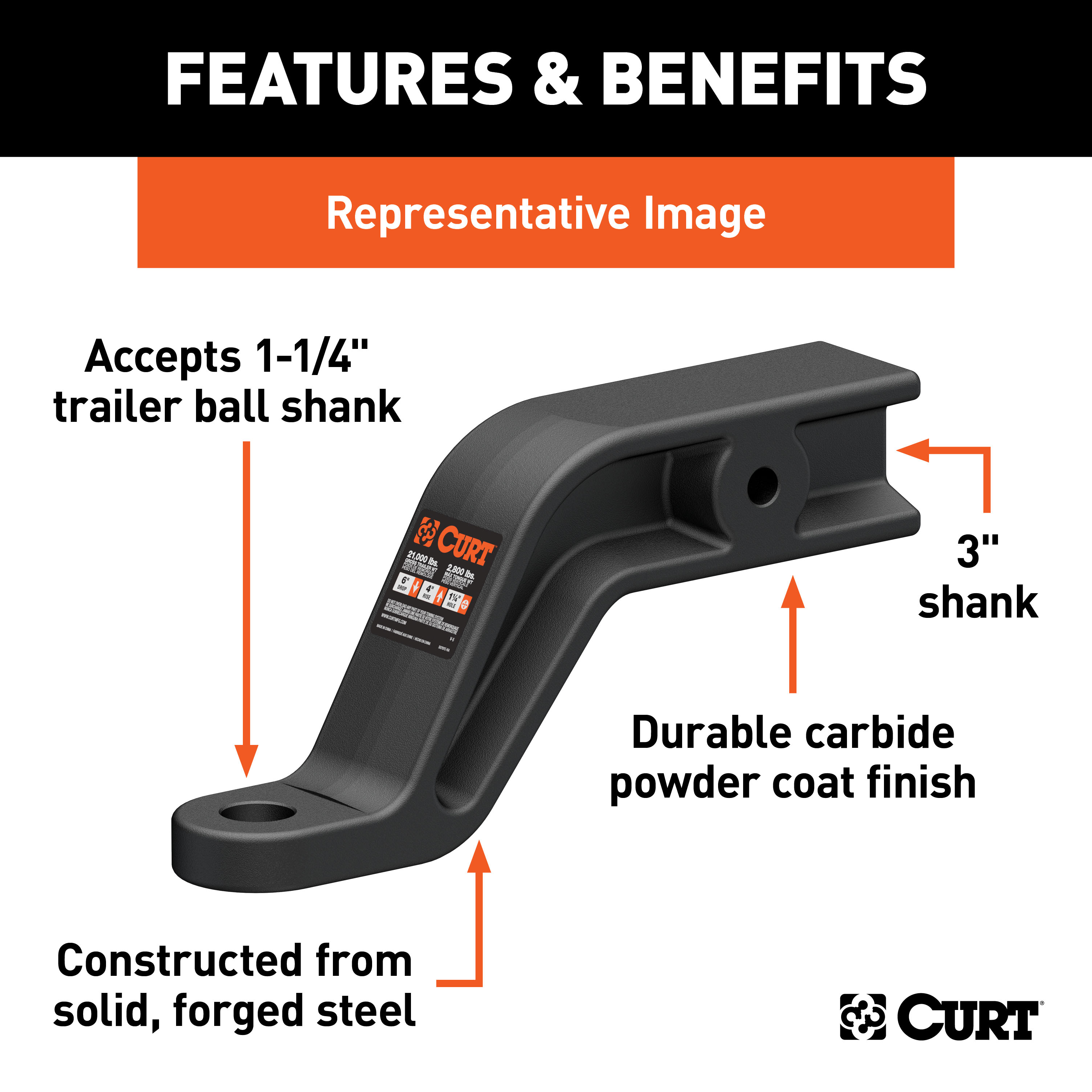 CURT Industrial Duty Forged Ball Mount (3" Shank, 21,000 lbss., 8" Drop, 10-1/2" Long) Trailer Hitch Ball Mount thumbnail 3
