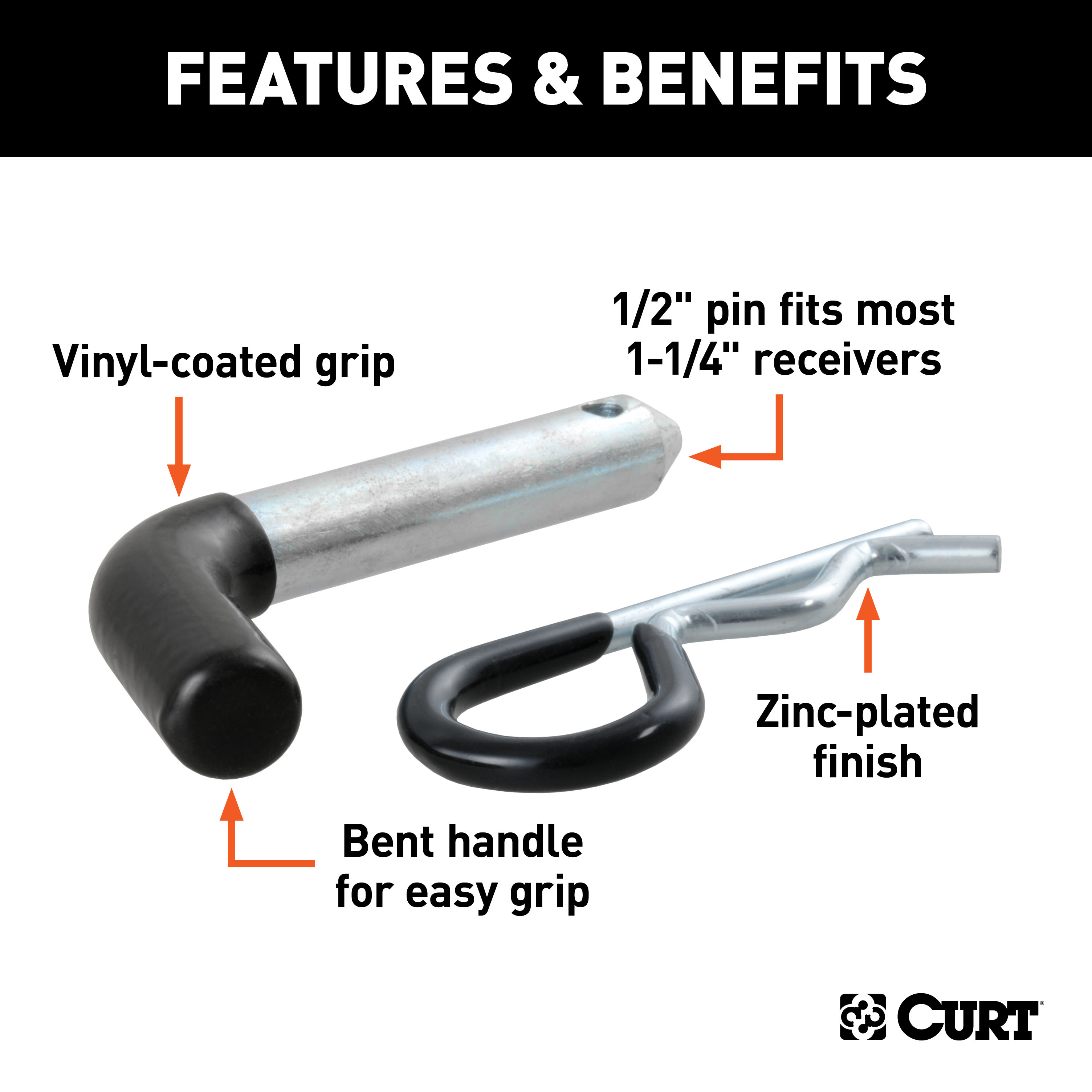 CURT 1/2" Hitch Pin (1-1/4" Receiver, Zinc with Rubber Grip) Trailer Hitch Pin thumbnail 1