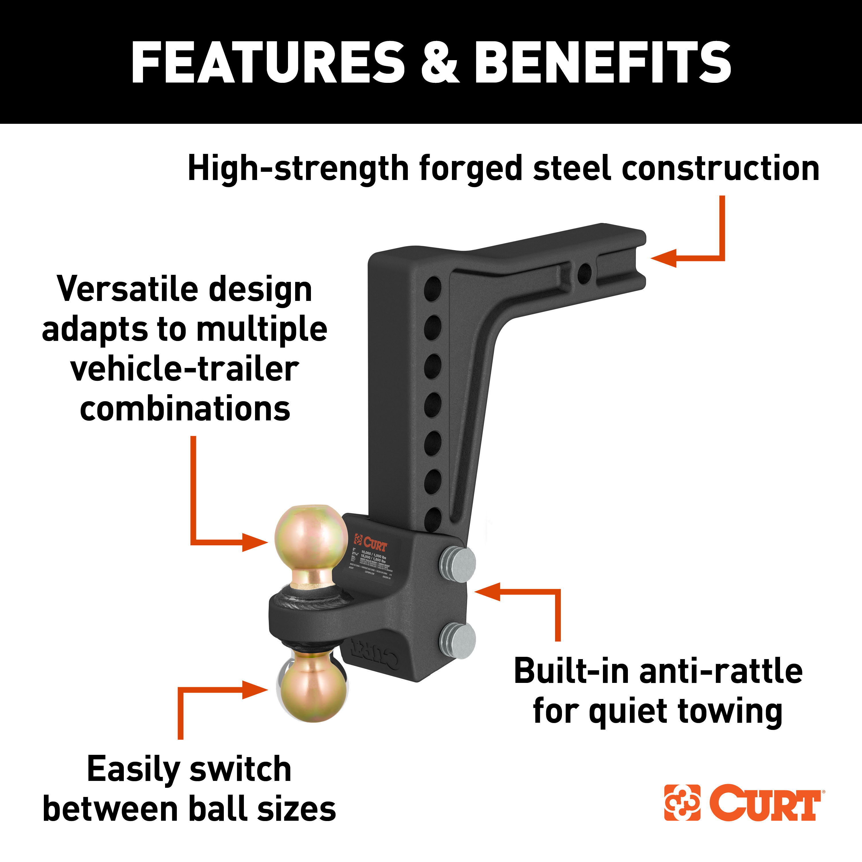 CURT HD Deep-Drop Adjustable Hitch Ball Mount with Dual Ball, 2-1/2" Shank, 20K Trailer Hitch Ball Mount thumbnail 1