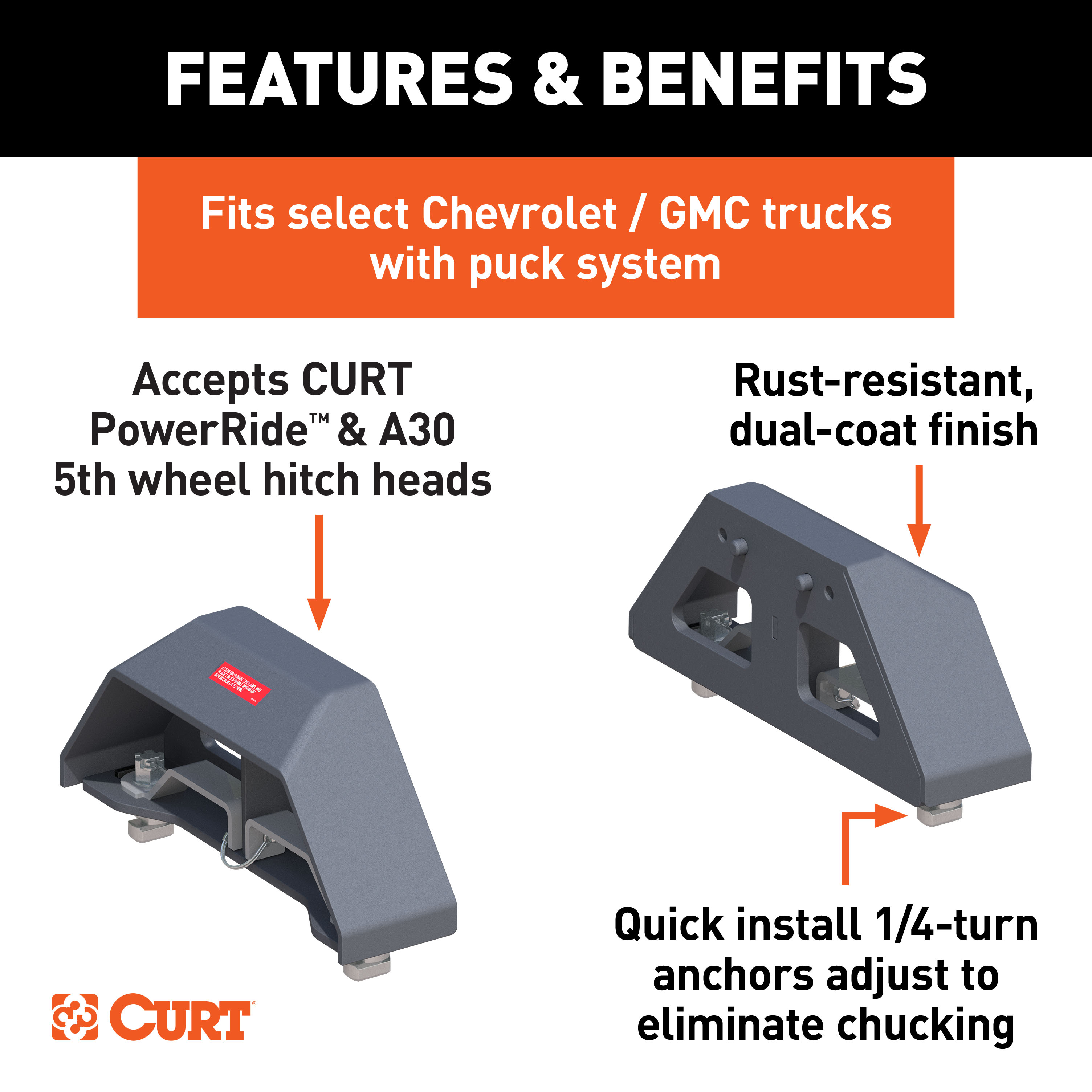 CURT Puck 5th Wheel Legs, Select Silverado, Sierra HD, 8' Bed, 30K, Teridium Grey Fifth Wheel Trailer Hitch Mount Leg thumbnail 1