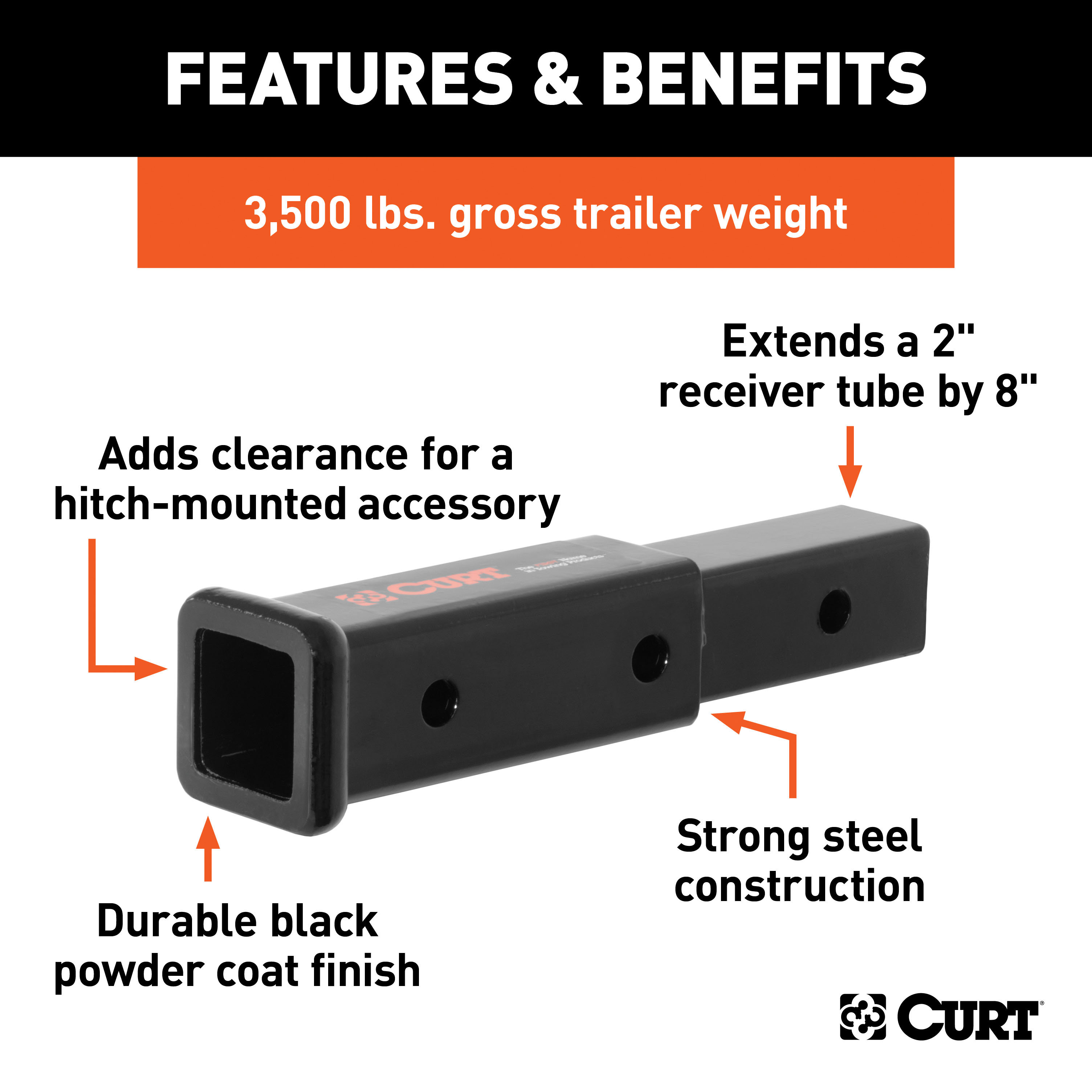 CURT 8" Receiver Tube Extender (2" Hollow Shank, 3,500 lbs.) Trailer Hitch Adapter thumbnail 1