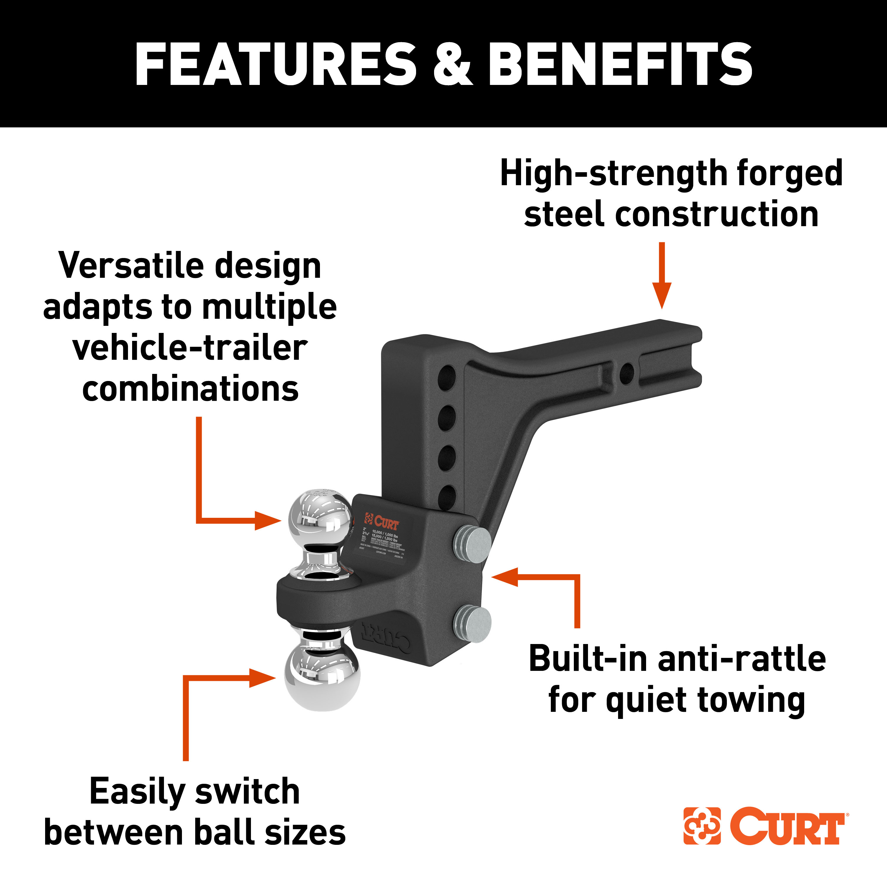 CURT Adjustable Trailer Hitch Ball Mount with Dual Ball, 2" Shank, 15K Trailer Hitch Ball Mount thumbnail 1