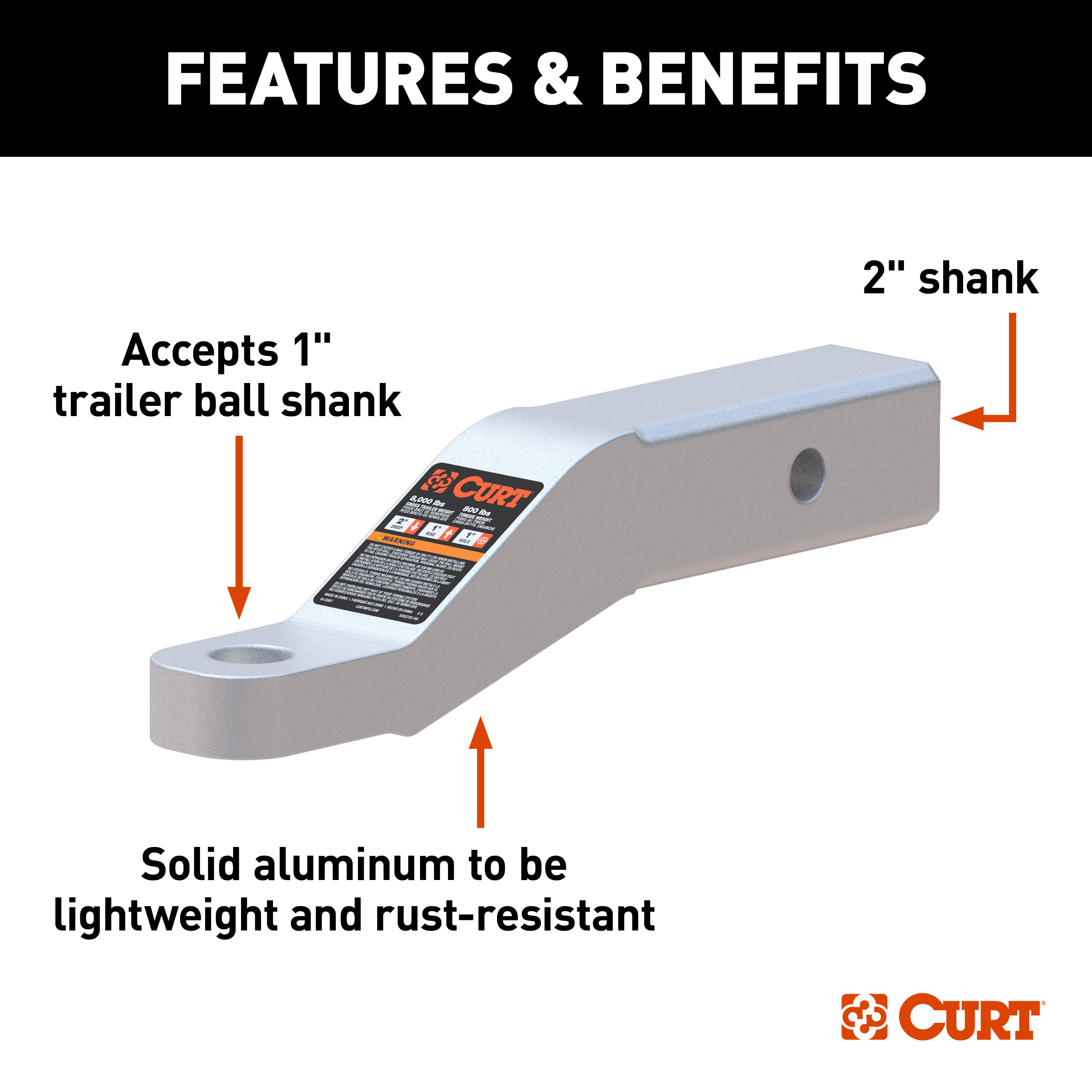 CURT Aluminum Ball Mount (2" Shank, 8,000 lbss, 2" Drop, 8-1/2" Long) Trailer Hitch Ball Mount thumbnail 1